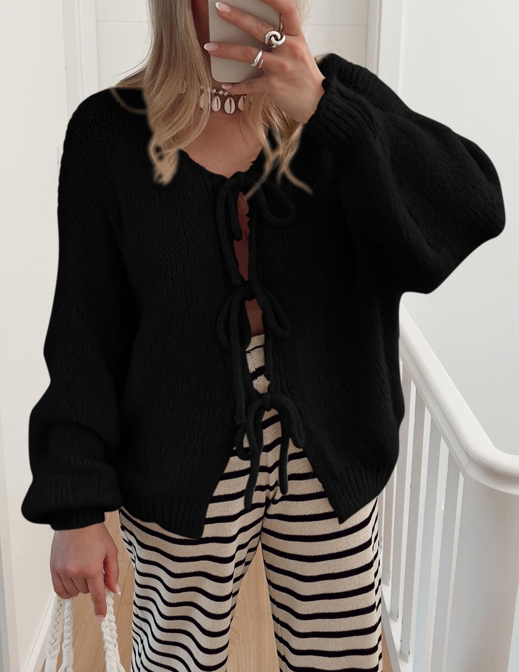 PRETTYGARDEN Women's Tie Front Bow Cardigan Sweaters Chunky Knit Long Puff Sleeve Trendy Fall Winter Jacket Coat