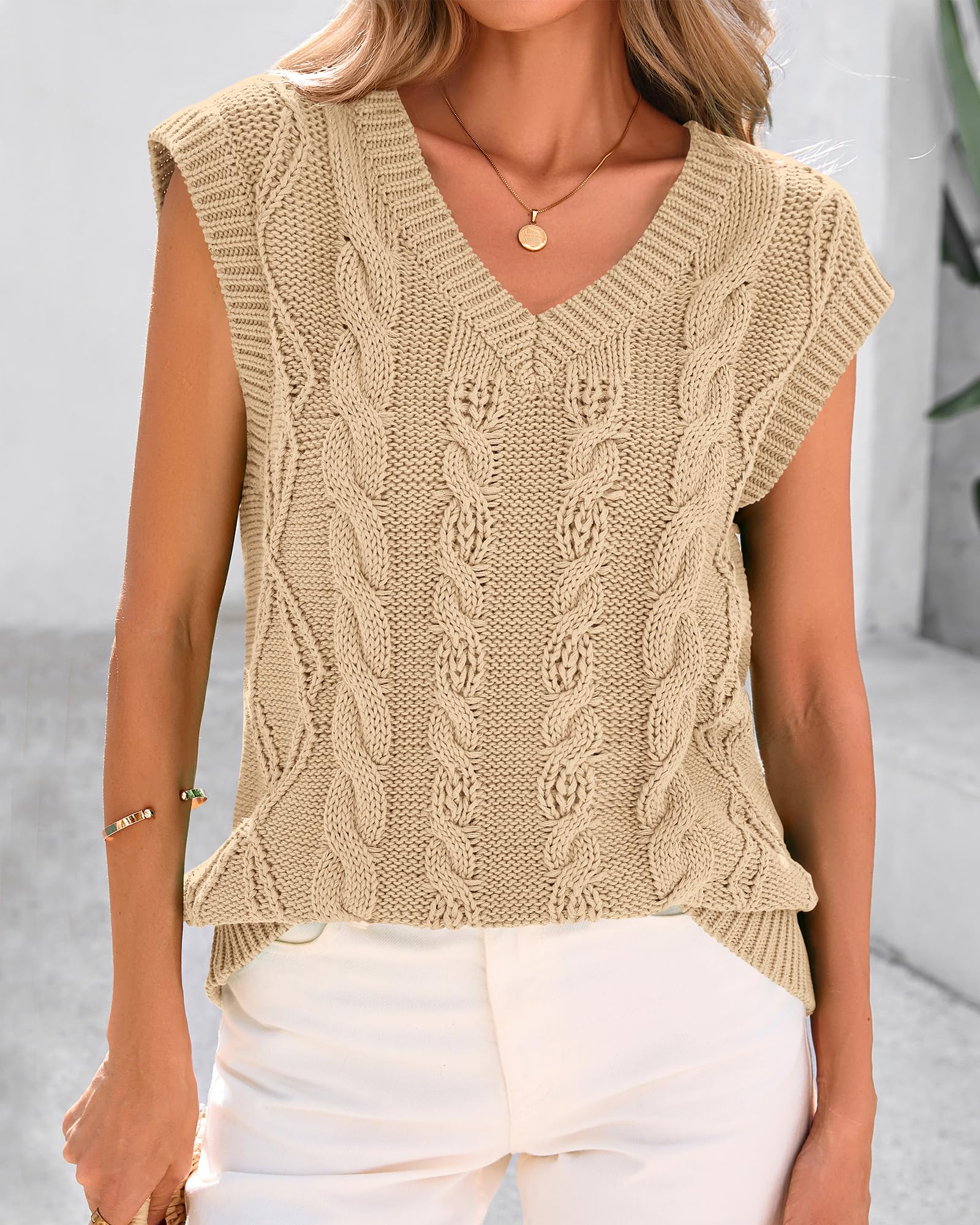 FreshPretty Sweater Vest Women Oversized V Neck Cable Knit Casual Pullover Sweaters Fall Outfits Sleeveless Tops