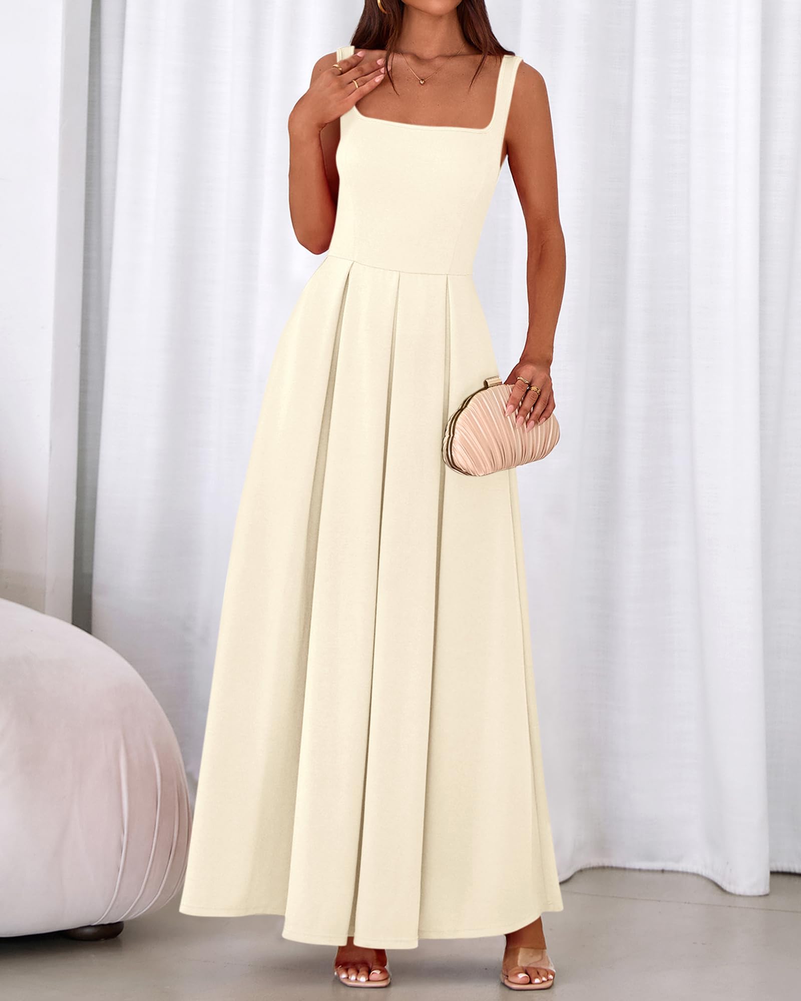 BTFBM Women Summer Square Neck Maxi Dress Spring Elegant Classy Sleeveless Formal Wedding Guest Cocktail Dresses