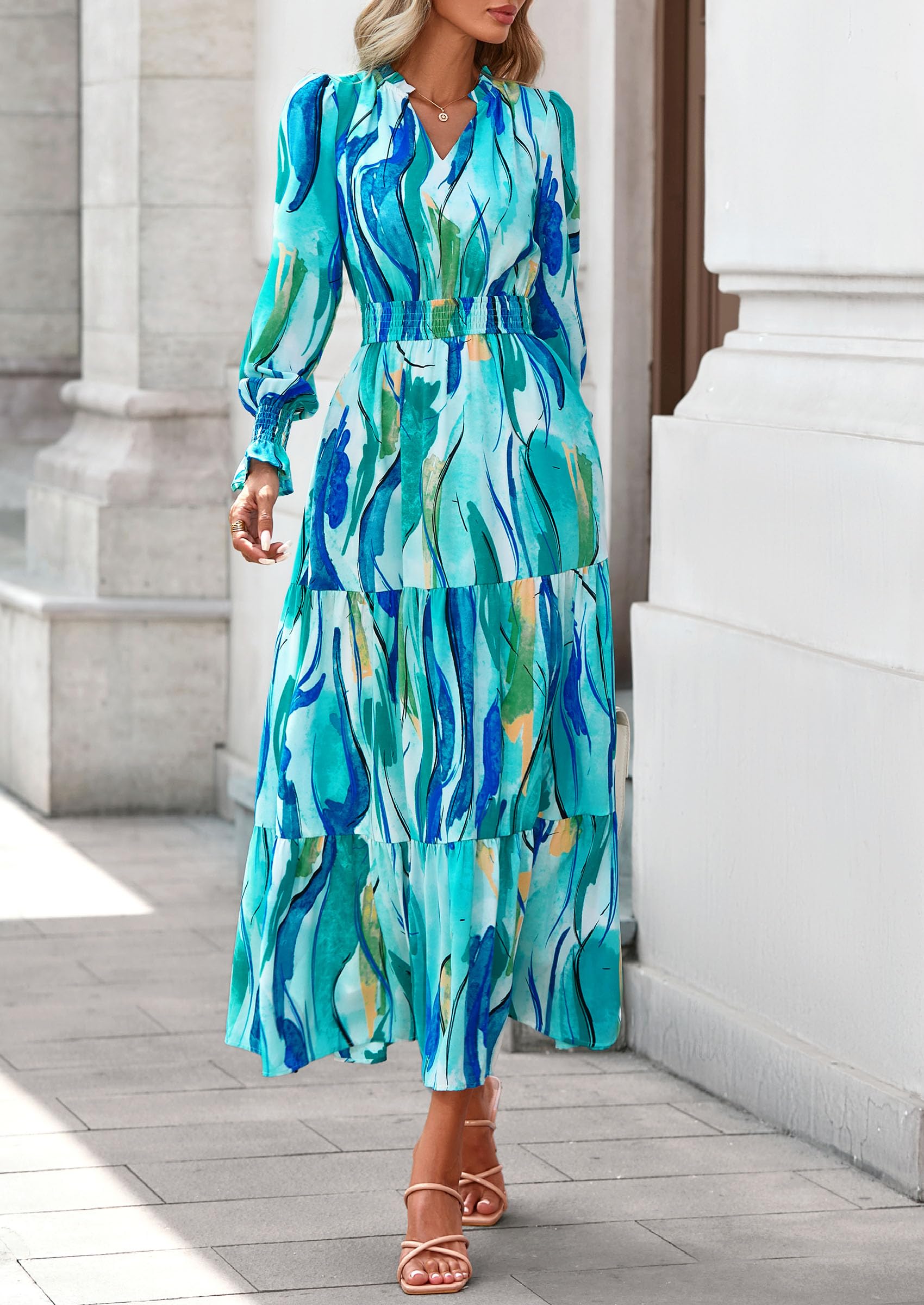 PRETTYGARDEN Women's Floral Maxi Dress Fall Long Sleeve V Neck Casual A Line Long Flowy Boho Party Dresses