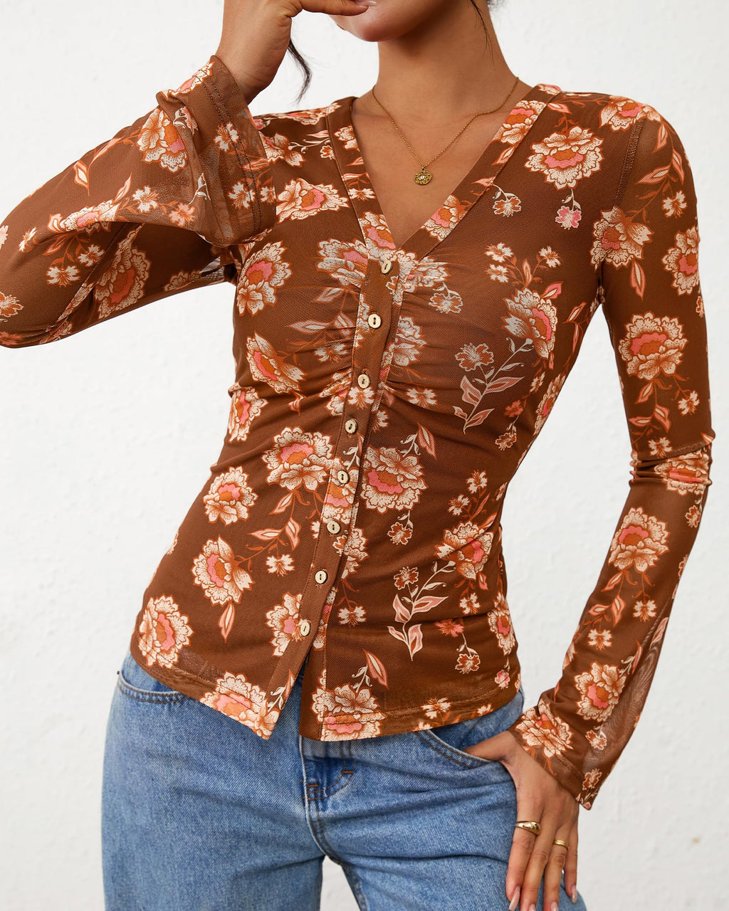 FreshPretty Button Down Shirts for Women Fall Fashion V Neck Long Sleeve Blouse Ruched Mesh Fitted Floral Print Boho Tops
