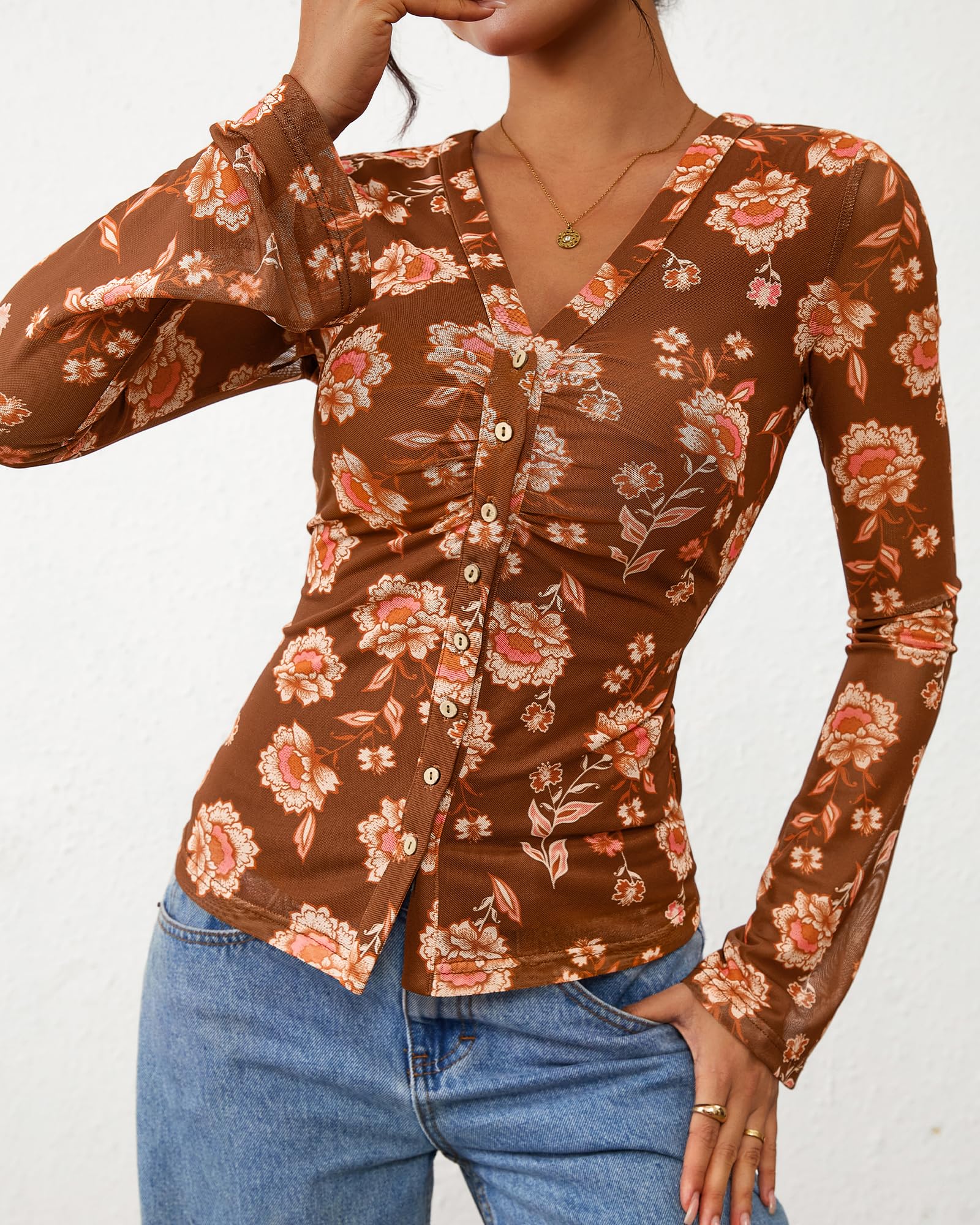 FreshPretty Button Down Shirts for Women Fall Fashion V Neck Long Sleeve Blouse Ruched Mesh Fitted Floral Print Boho Tops