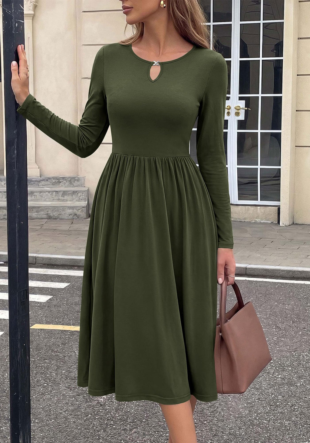 FreshPretty Fall Dresses for Women Midi Empire Waist Long Sleeve Dress,Lightweight Soft Knit,Flowy A Line Keyhole Crewneck Pleated Business Casual Teacher Outfits,Dressy Wedding Daily With Pockets