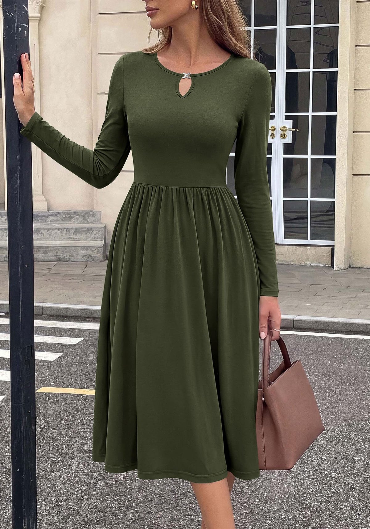 FreshPretty Fall Dresses for Women Midi Empire Waist Long Sleeve Dress,Lightweight Soft Knit,Flowy A Line Keyhole Crewneck Pleated Business Casual Teacher Outfits,Dressy Wedding Daily With Pockets