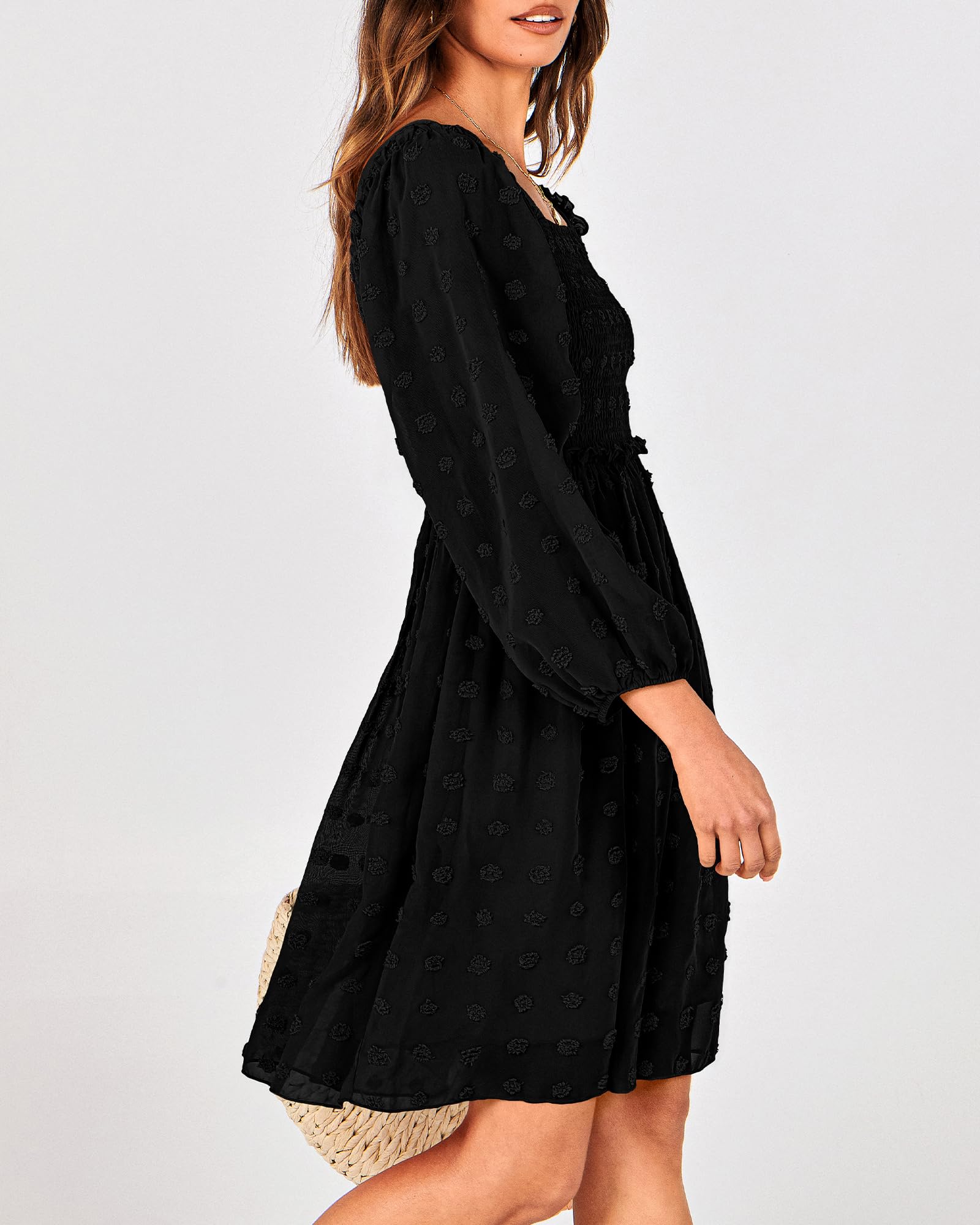 BTFBM Womens Long Sleeve Dress Summer Vacation Square Neck Smocked Floral Mini Boho Spring Wedding Guest Dresses