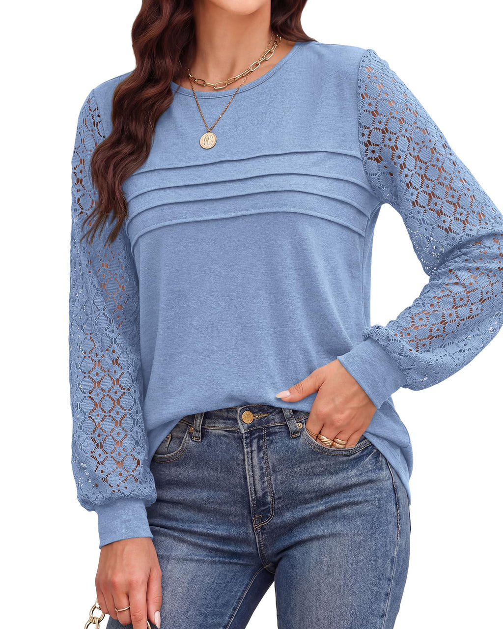 BTFBM Women's Long Sleeve Shirts Dressy Lace Fall Tops Trendy Business Casual T-Shirts Cute Work Outfits Blouses
