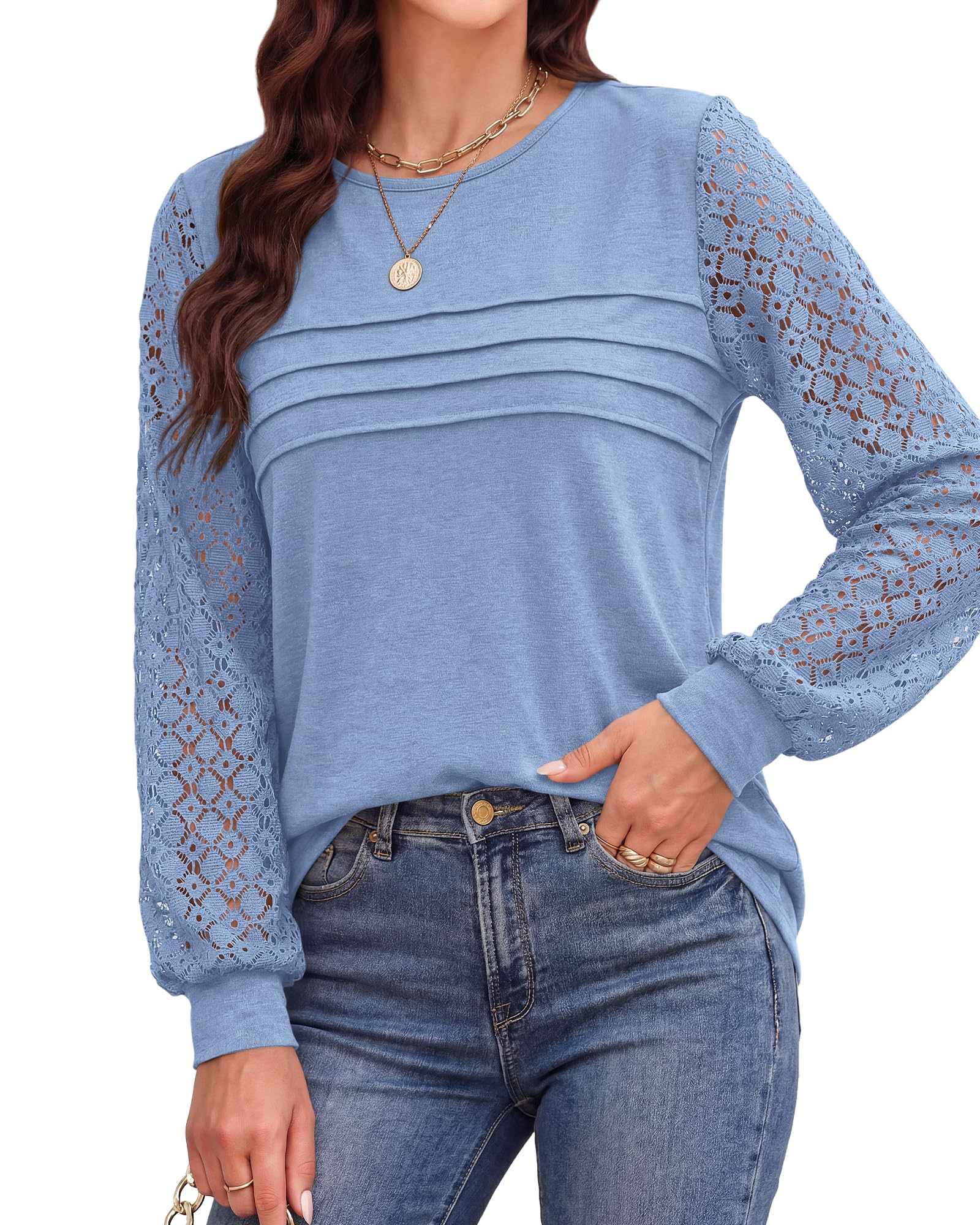 BTFBM Women's Long Sleeve Shirts Dressy Lace Fall Tops Trendy Business Casual T-Shirts Cute Work Outfits Blouses