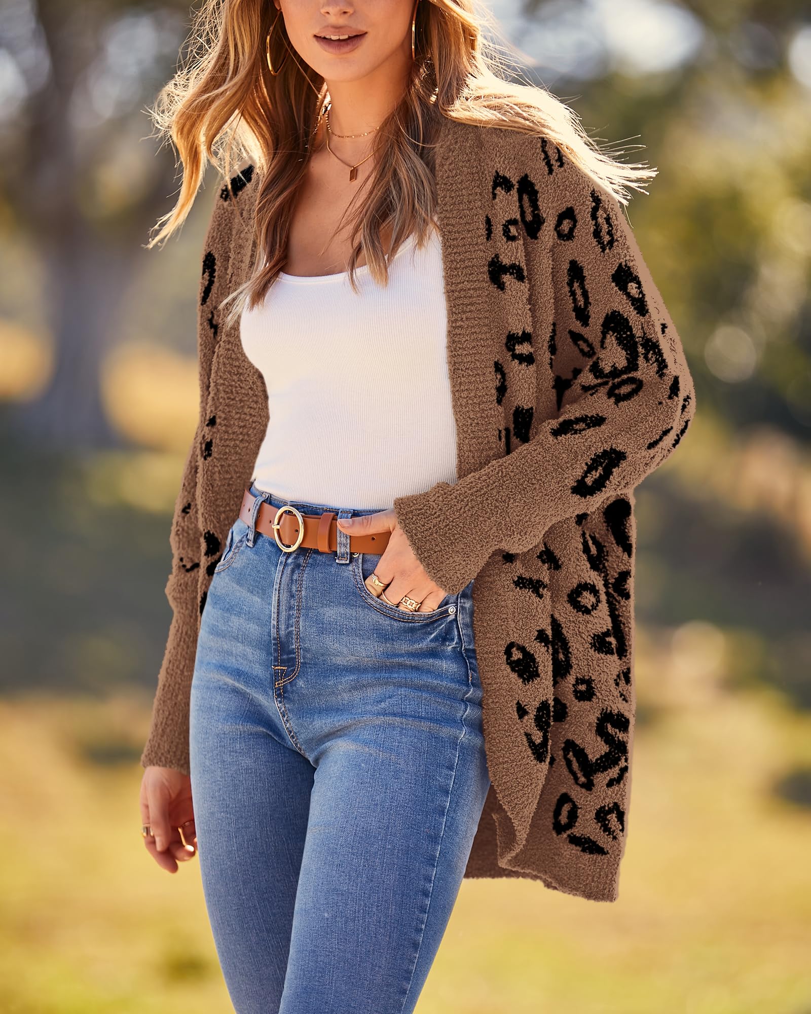 BTFBM Leopard Cardigan for Women Long Sleeve Open Front Cardigans Sweaters Pockets Loose Knit Fall Spring Outwear