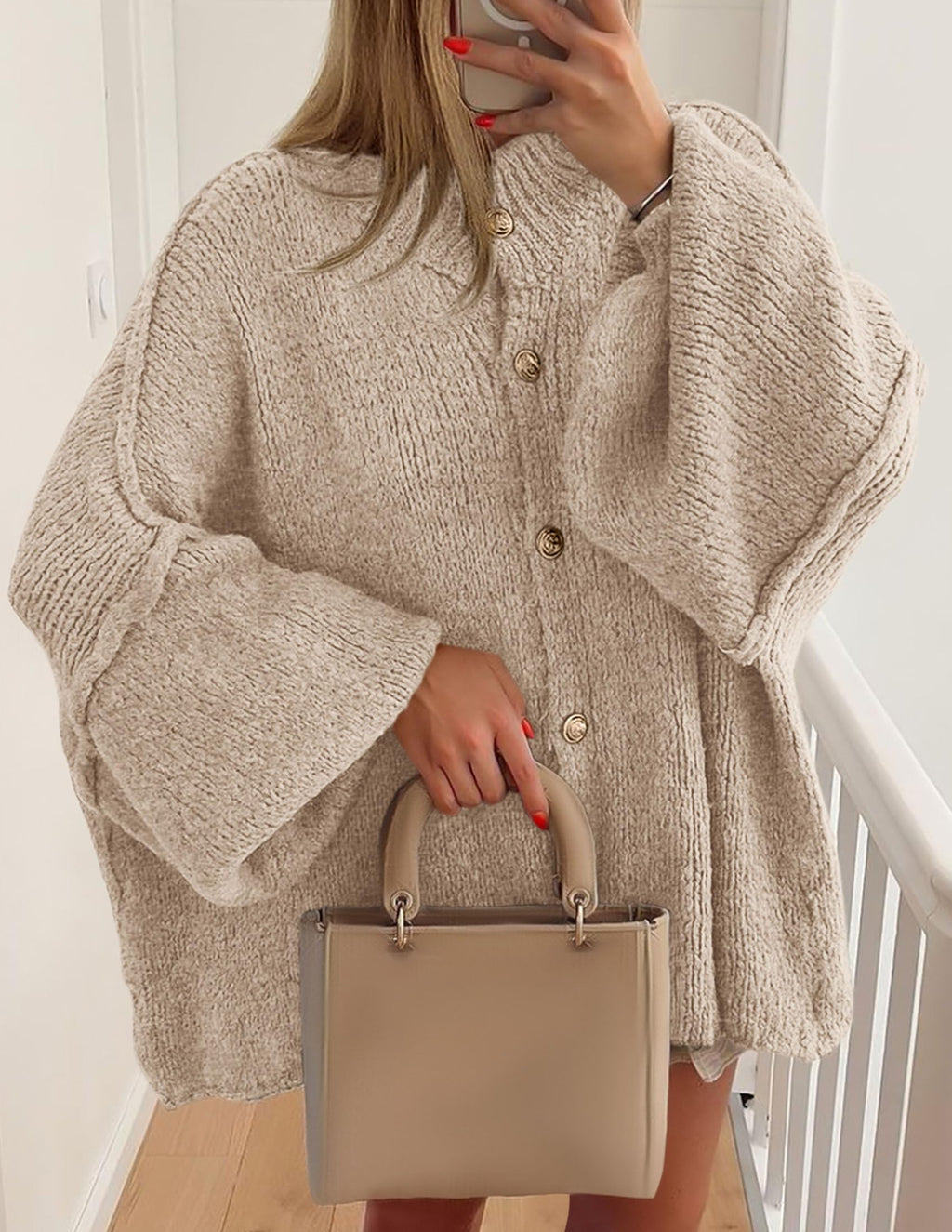 PRETTYGARDEN Women's Winter Button Down Cardigan Sweaters Mock Neck Lantern Long Sleeve Chunky Knit Jacket Trendy Outerwear