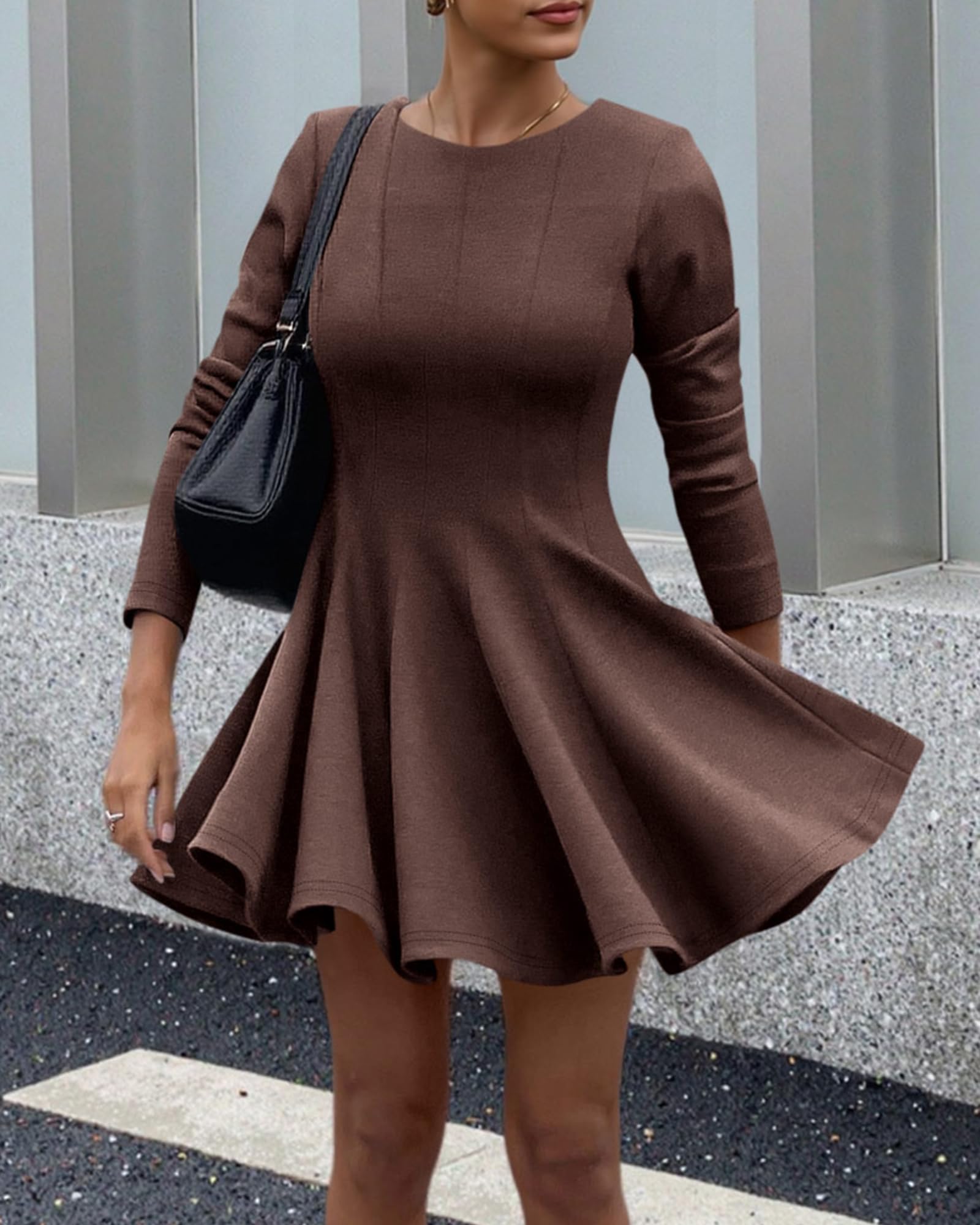 BTFBM Spring Dresses for Women Long Sleeve High Waist Pleated Flowy A Line Party Wedding Guest Dress Business Casual