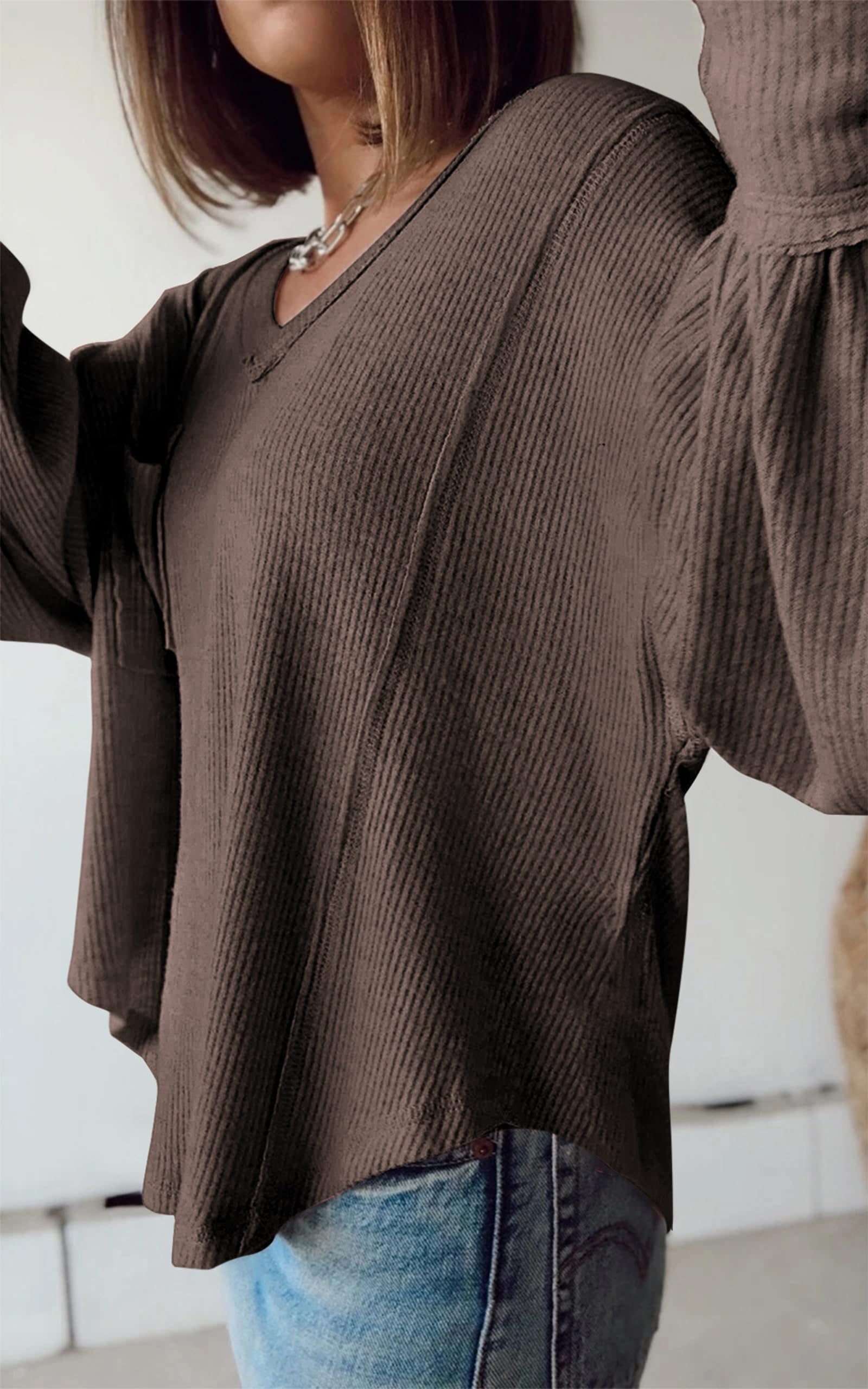 FreshPretty Womens Fall Fashion Long Sleeve Shirts Casual V Neck Ribbed Knit Blouses Pullover Trendy Loose Fit Tunic Tops