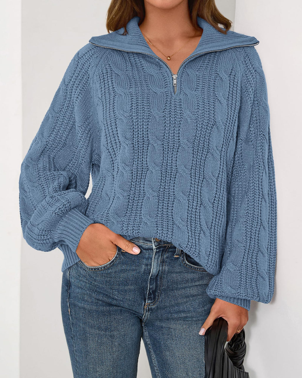 BTFBM Sweaters for Women Fall Fashion Loose Quarter Zip Pullover Collared Long Sleeve Cable Knit Winter Clothes
