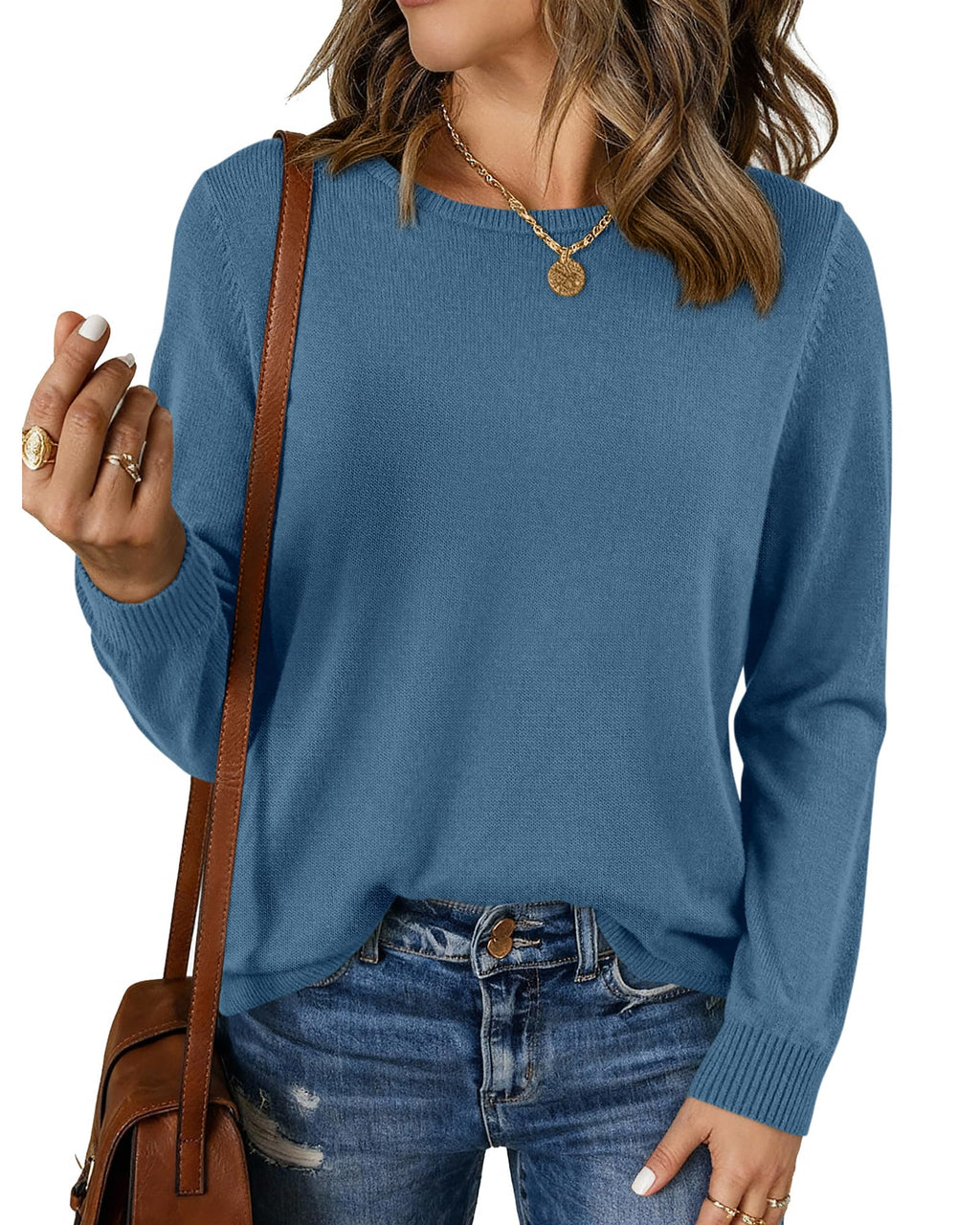 BTFBM Womens Long Sleeve Crew Neck Sweaters Spring Casual Classic Soft Loose Fit Basic Pullover Jumper Knit Top