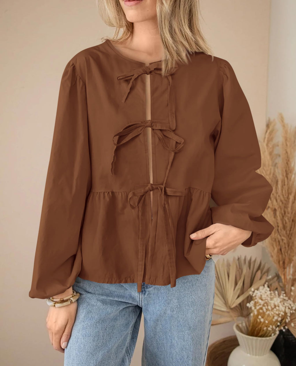 PRETTYGARDEN Women's Spring Fall Babydoll Peplum Blouse Shirt Puff Long Sleeve Bow Tie Front Trendy Cute Y2K Going Out Tops