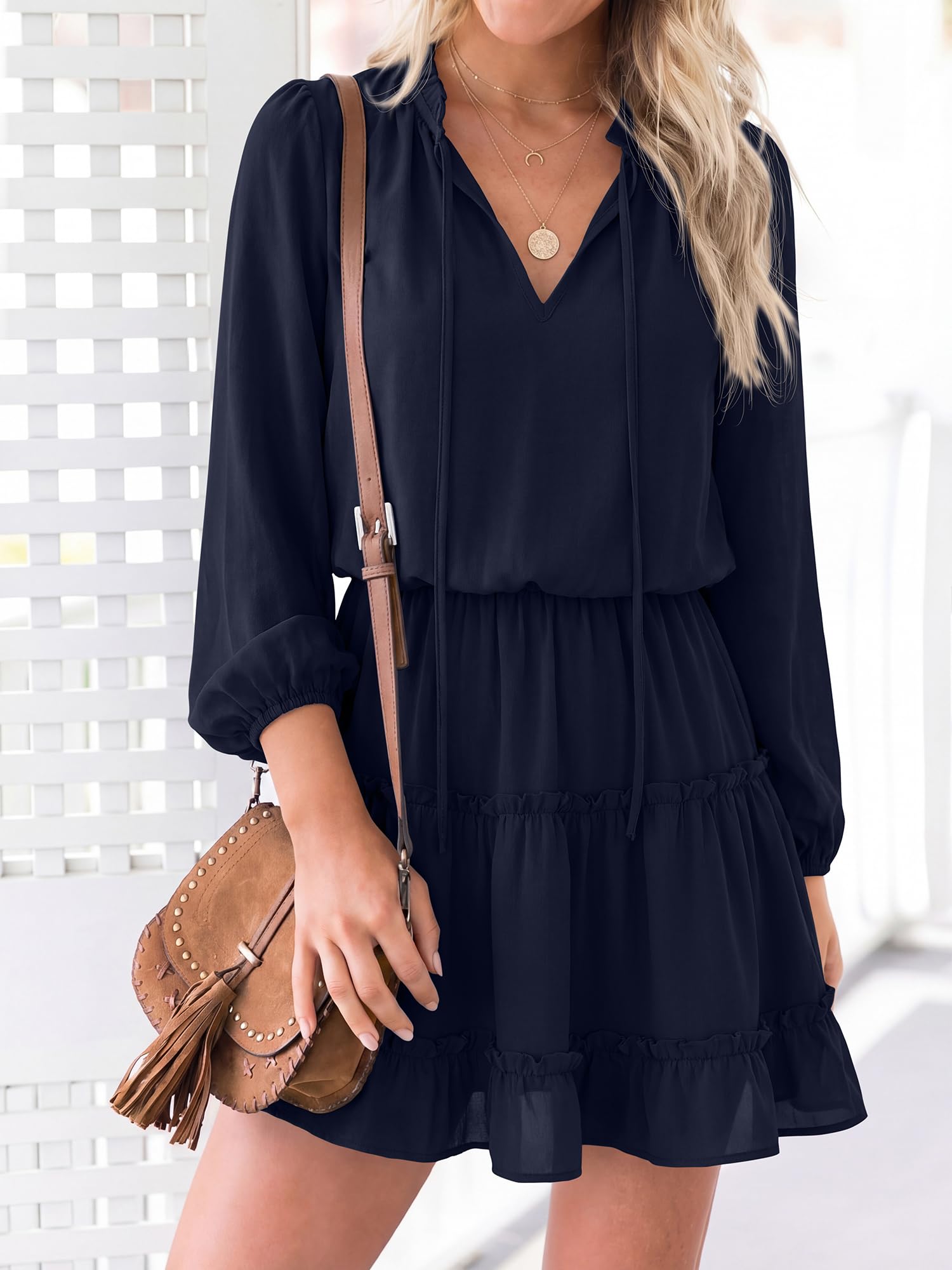 BTFBM Long Sleeve Summer Dresses for Women Casual Tie Neck Ruffle Tiered A Line Mini Spring Wedding Guest Dress