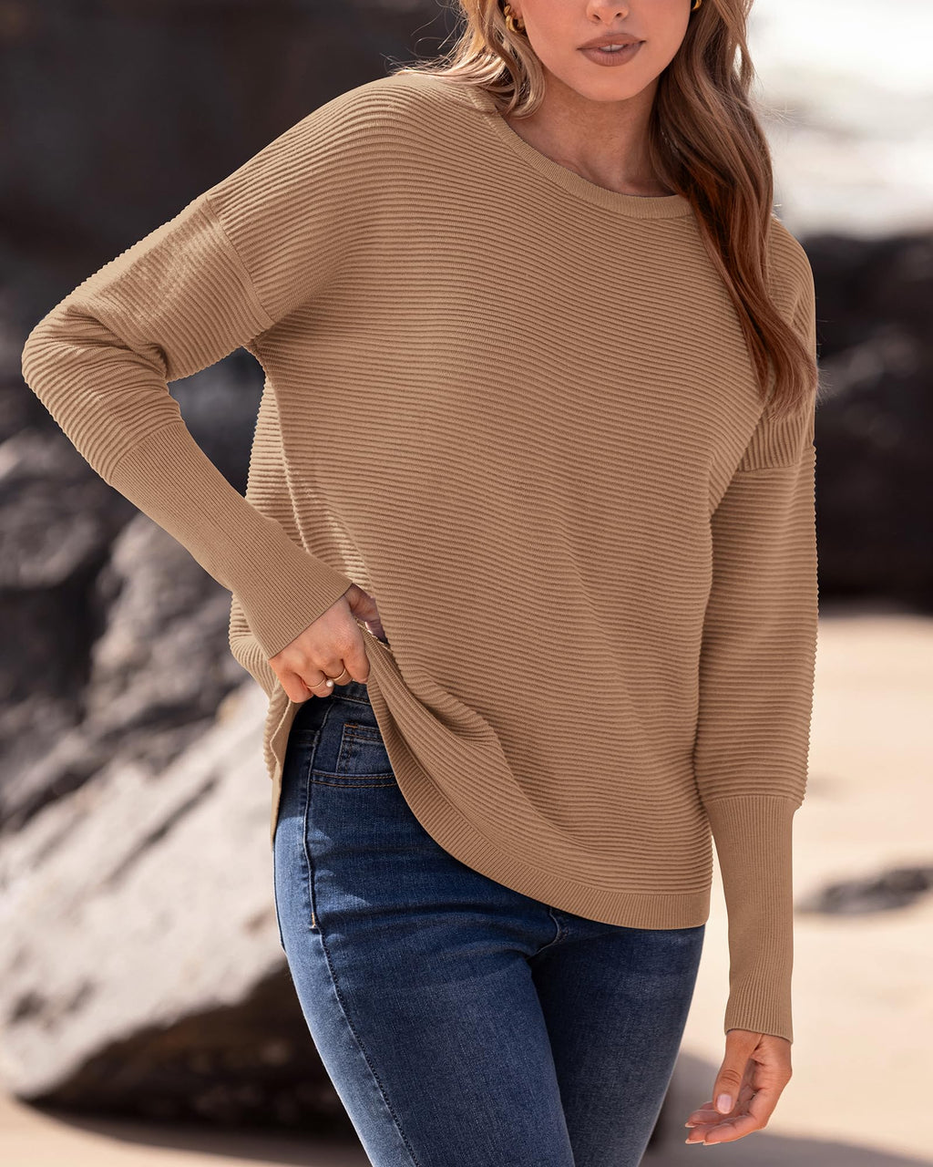 FreshPrettyFall Sweaters for Women Casual Long Sleeve Sweater Striped Loose Fit Pullover Tops