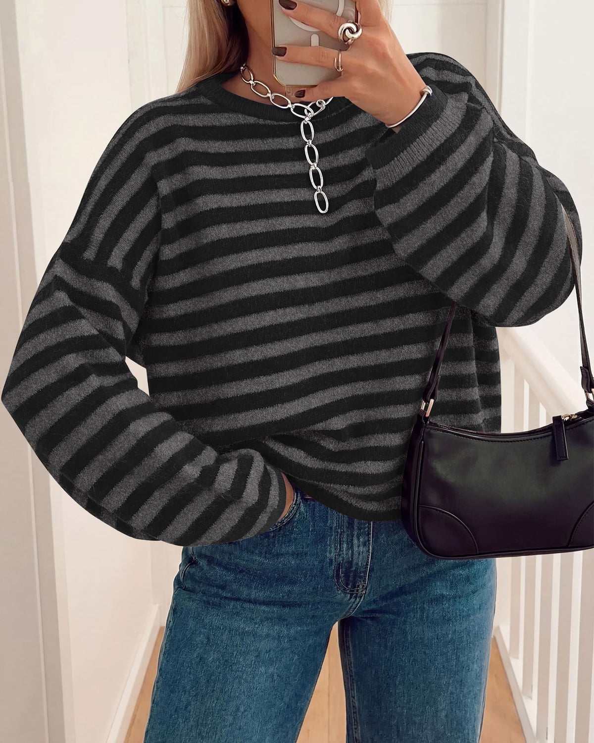 BTFBM Women's Lightweight Oversized Striped Sweater | Soft Knit Cozy Sweaters, Crew Neck Long Sleeve Pullover, y2k Color Block, Casual Holiday Outfits, Winter Fall Clothes