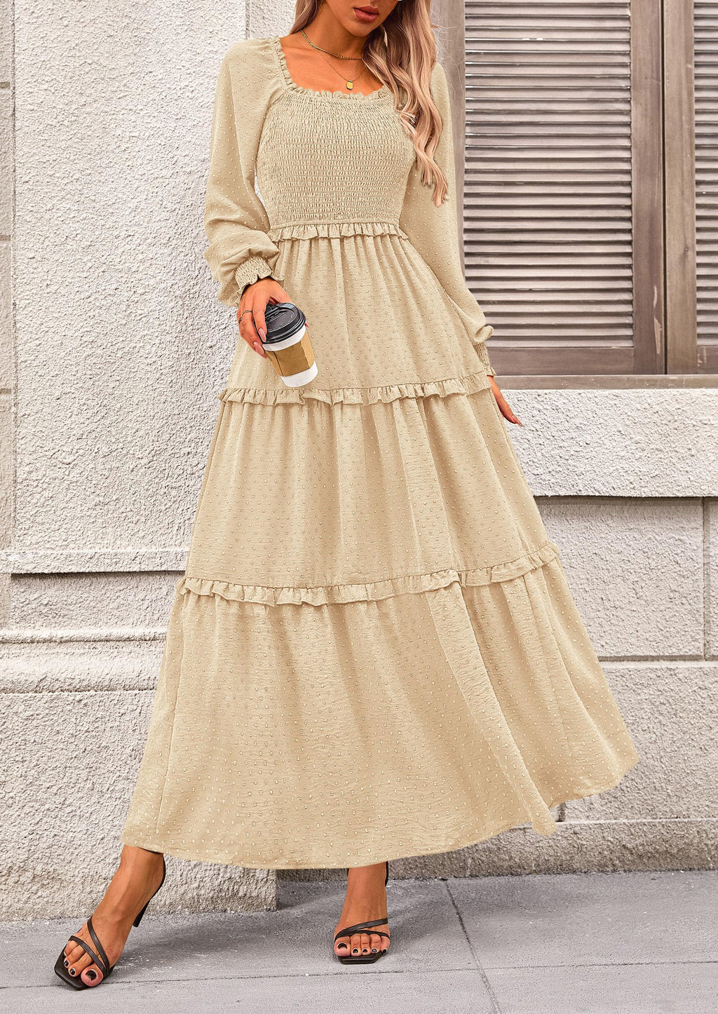PRETTYGARDEN Fall Dresses for Women Long Sleeve Smocked Square Neck Swiss Dot Tiered Flowy Wedding Guest Maxi Dress