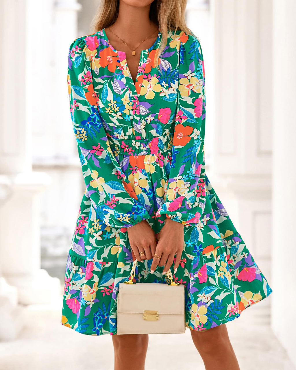BTFBM Spring Dresses for Women Mini Long Sleeve Elastic Waist Summer Vacation Outfits Floral Wedding Guest Dress
