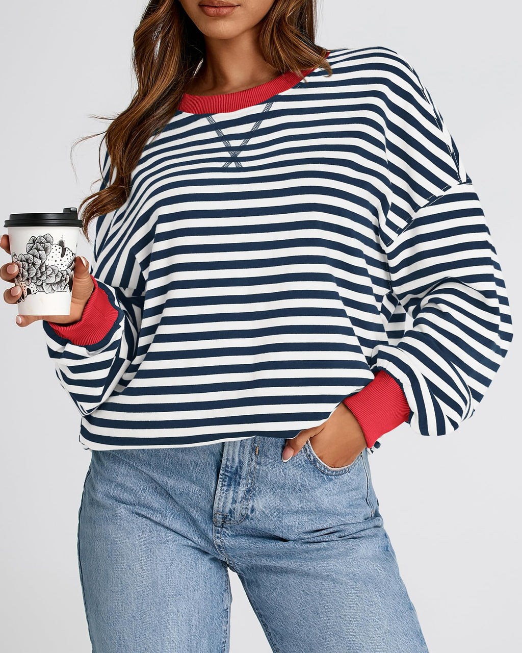 BTFBM Sweatshirt For Women Summer Crewneck Long Sleeve Oversized Striped Pullover Tops Y2K Clothes Workout Shirt