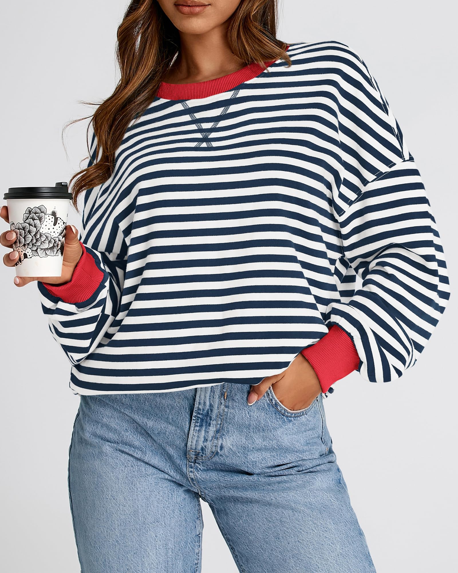 BTFBM Sweatshirt For Women Summer Crewneck Long Sleeve Oversized Striped Pullover Tops Y2K Clothes Workout Shirt