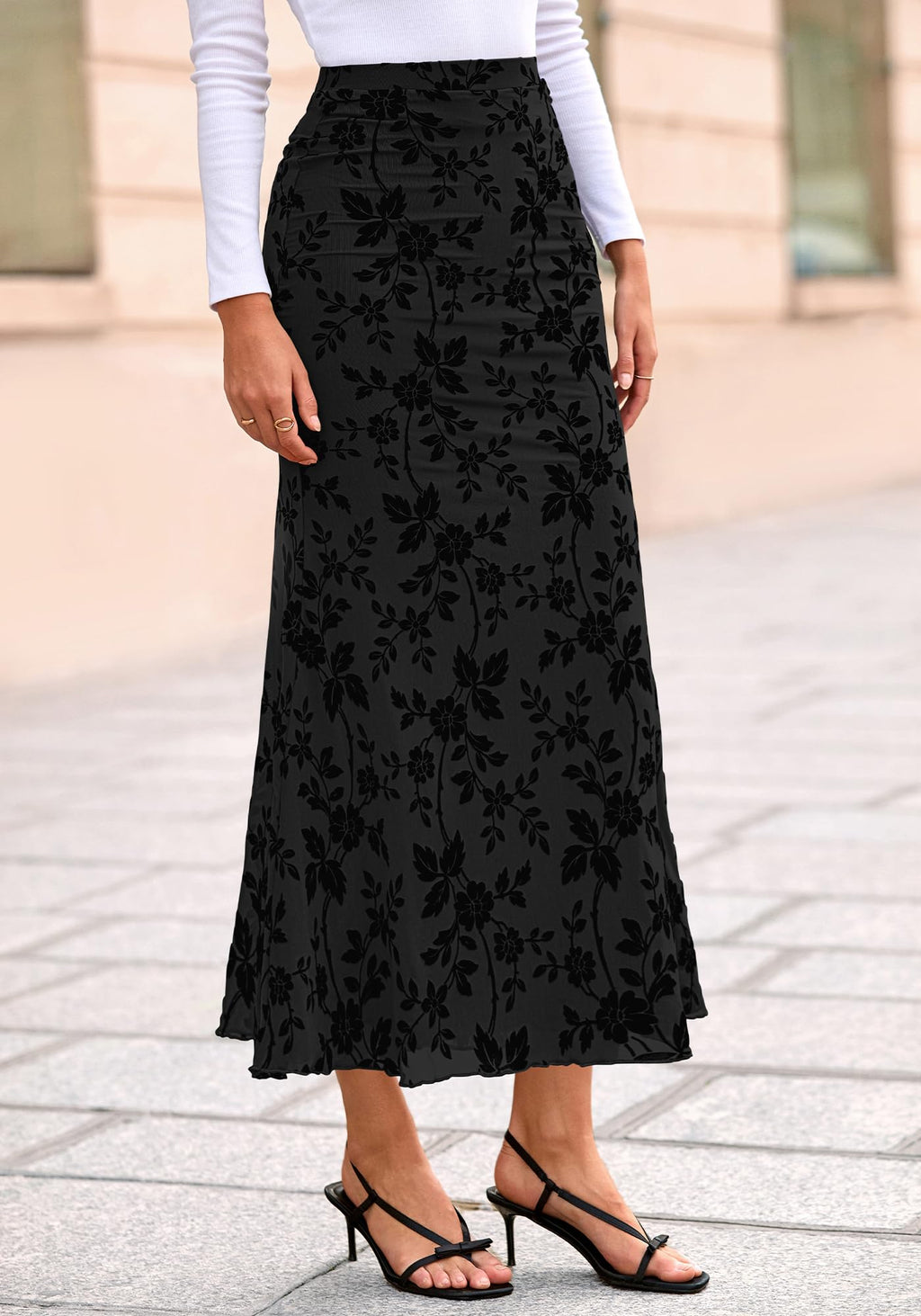 BTFBM Womens Floral Mesh Maxi Skirt Spring Summer Elastic High Waisted Boho Elegant Mermaid Long Skirts for Women