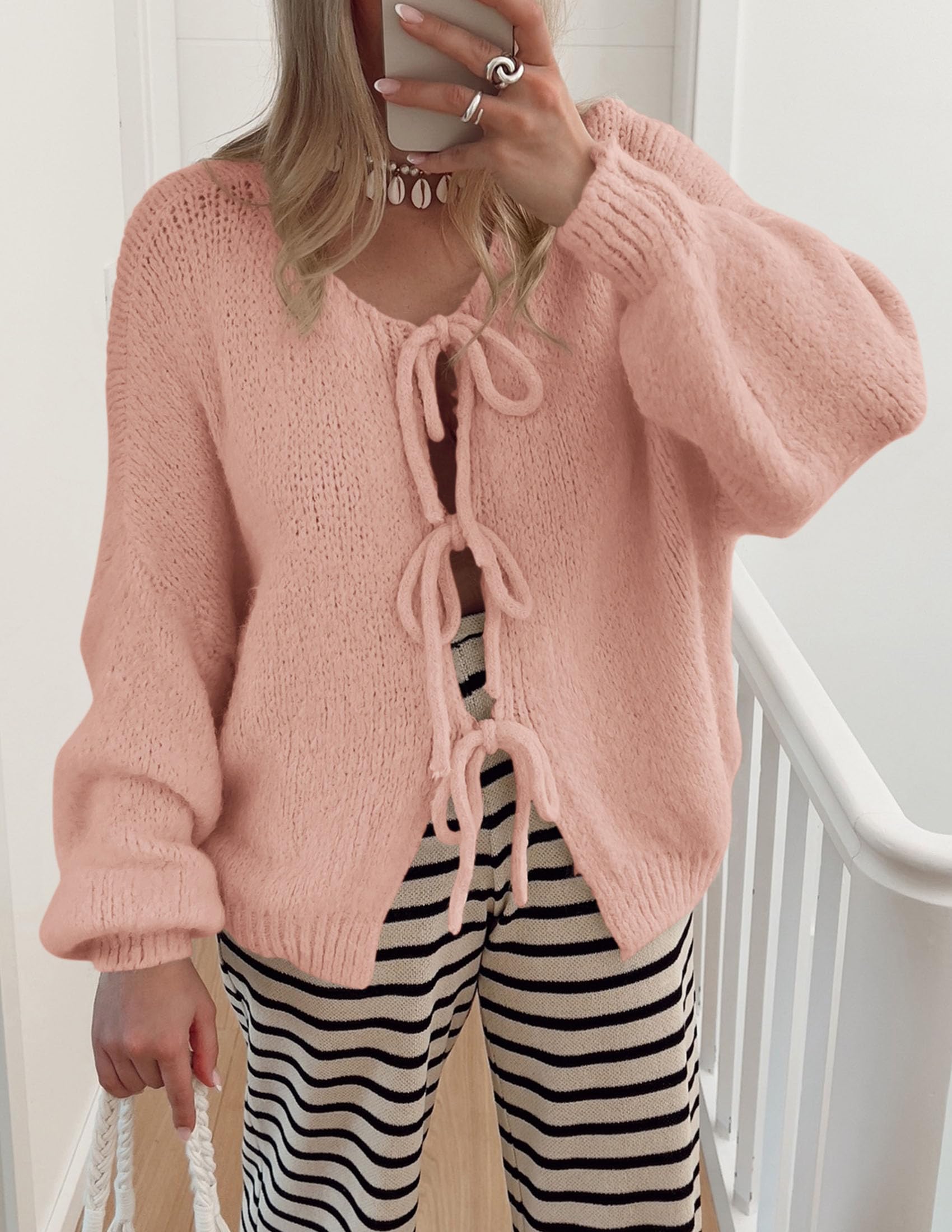 PRETTYGARDEN Women's Tie Front Bow Cardigan Sweaters Chunky Knit Long Puff Sleeve Trendy Fall Winter Jacket Coat