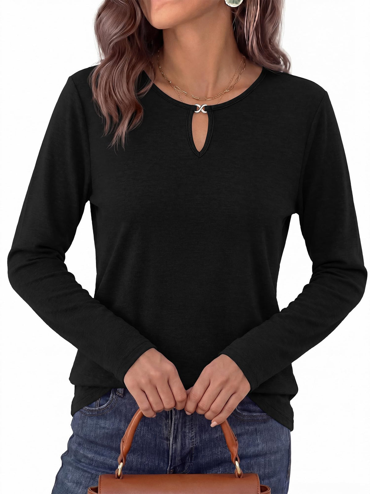 FreshPretty Long Sleeve Shirts for Women Fall Keyhole Crewneck Work Tops,Lightweight Stretchy Soft Knit Tshirt, Business Casual Basic Tees Cute Top,Relaxed Fit Blouse Daily Travel Vacation Outfits