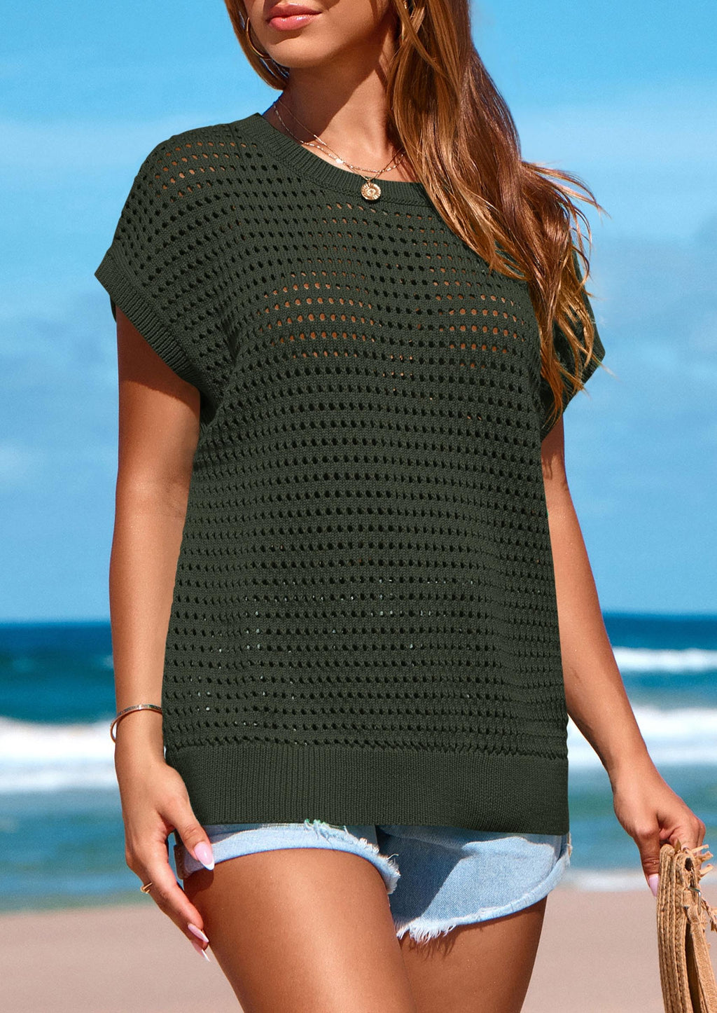 PRETTYGARDEN Womens Spring Tops Summer Shirts Crochet Cap Sleeve Sweater Pullover Cute Beach Vacation Clothes