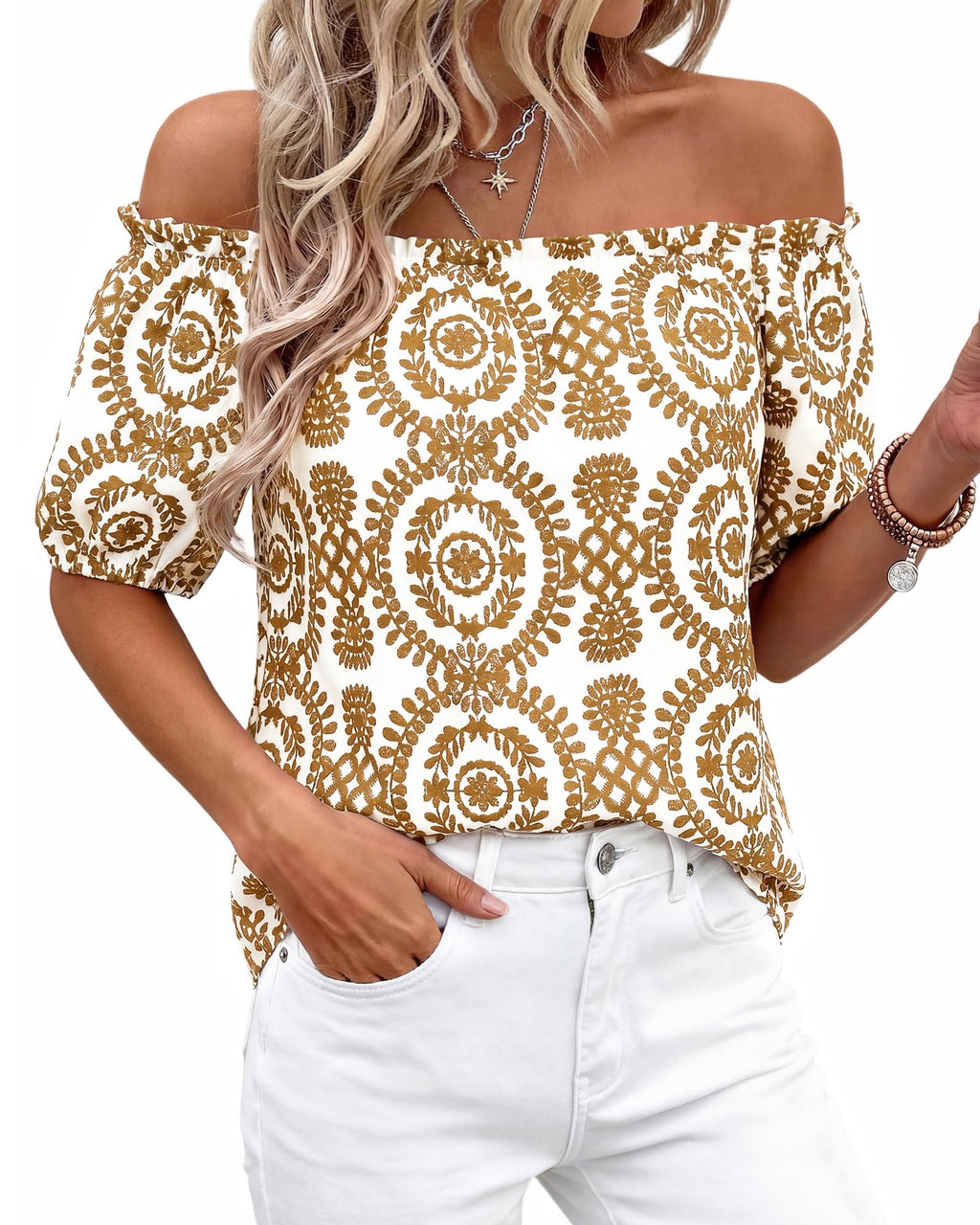 BTFBM Off The Shoulder Spring Tops for Women Summer Blouses Boho Floral Short Sleeve Shirts Dressy Casual Outfits