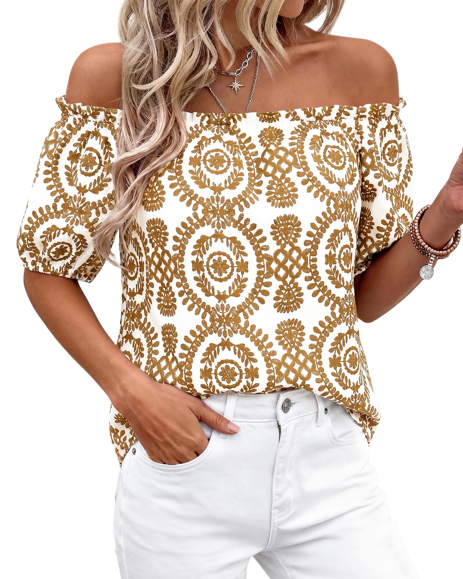 BTFBM Off The Shoulder Spring Tops for Women Summer Blouses Boho Floral Short Sleeve Shirts Dressy Casual Outfits