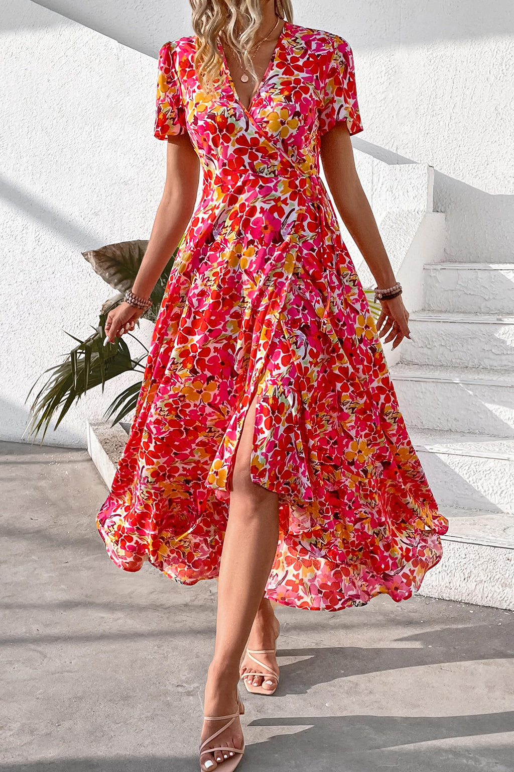 PRETTYGARDEN Women's Summer Maxi Dress Casual Wrap Floral Boho Short Sleeve V Neck Split Ruffle Beach Long Dresses