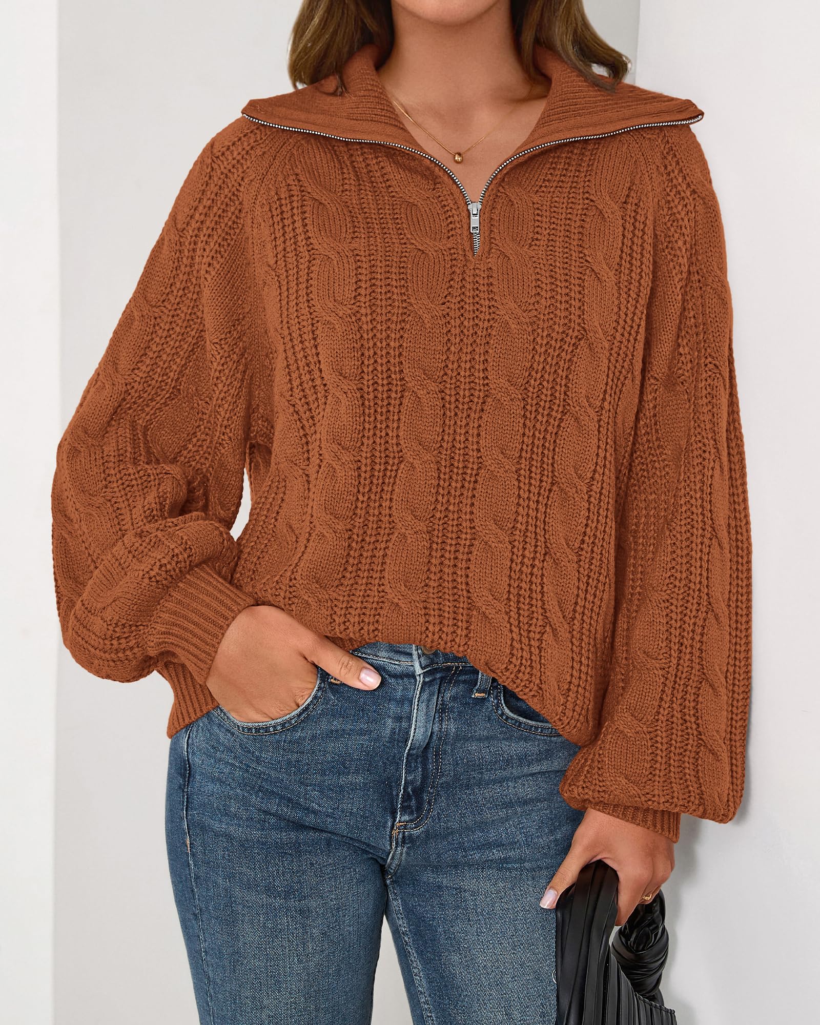 BTFBM Sweaters for Women Fall Fashion Loose Quarter Zip Pullover Collared Long Sleeve Cable Knit Winter Clothes