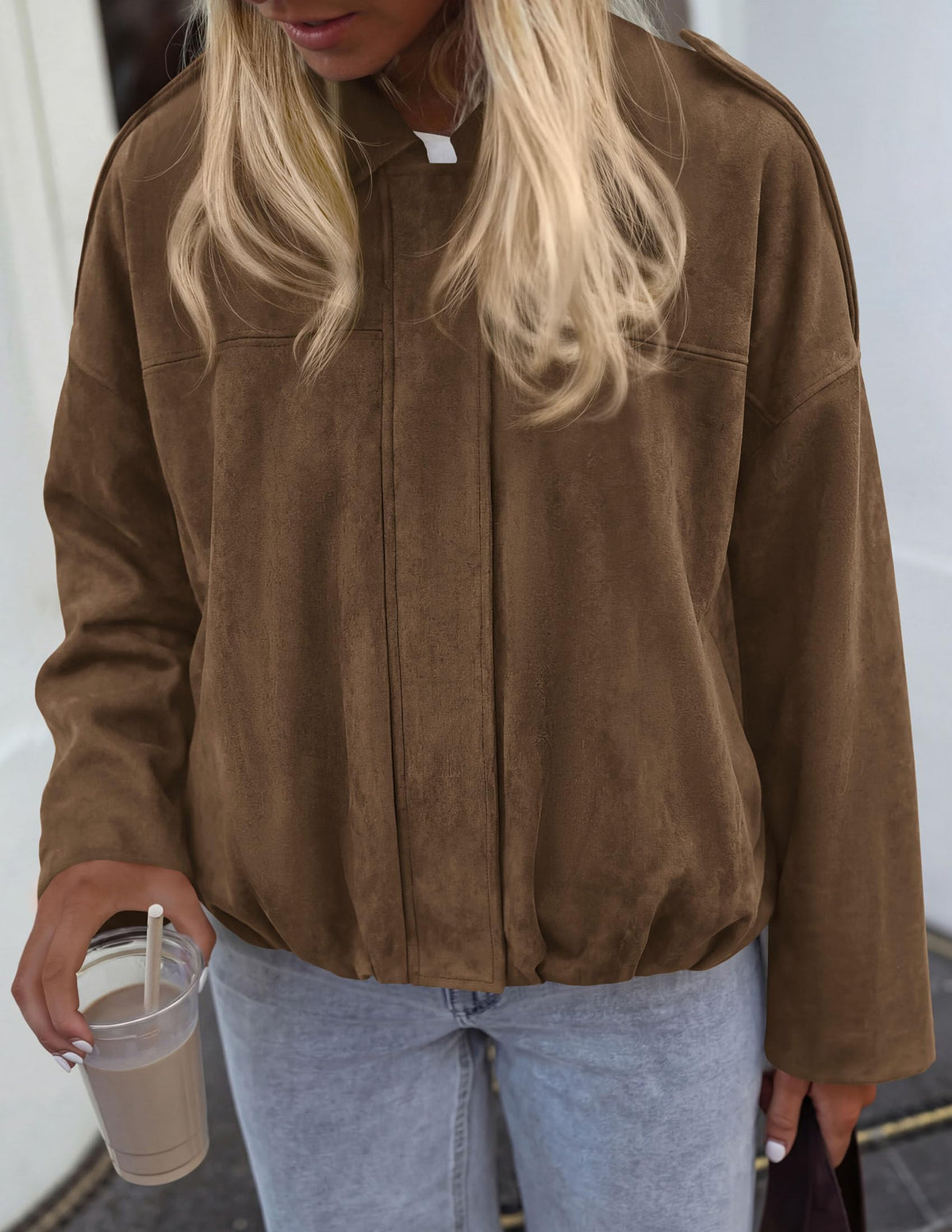 PRETTYGARDEN Women's Faux Suede Cropped Bomber Jacket | Long Sleeve Zip Up Casual Going Out Jackets Coat, Oversized Loose Fit Western Outfits, Trendy Outerwear, Fall Clothes