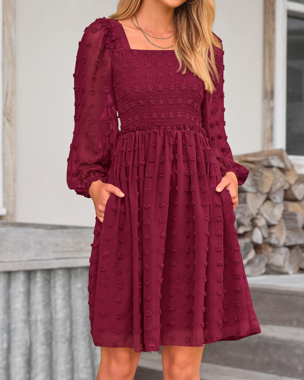 BTFBM Womens Long Sleeve Dress Summer Vacation Square Neck Smocked Floral Mini Boho Spring Wedding Guest Dresses