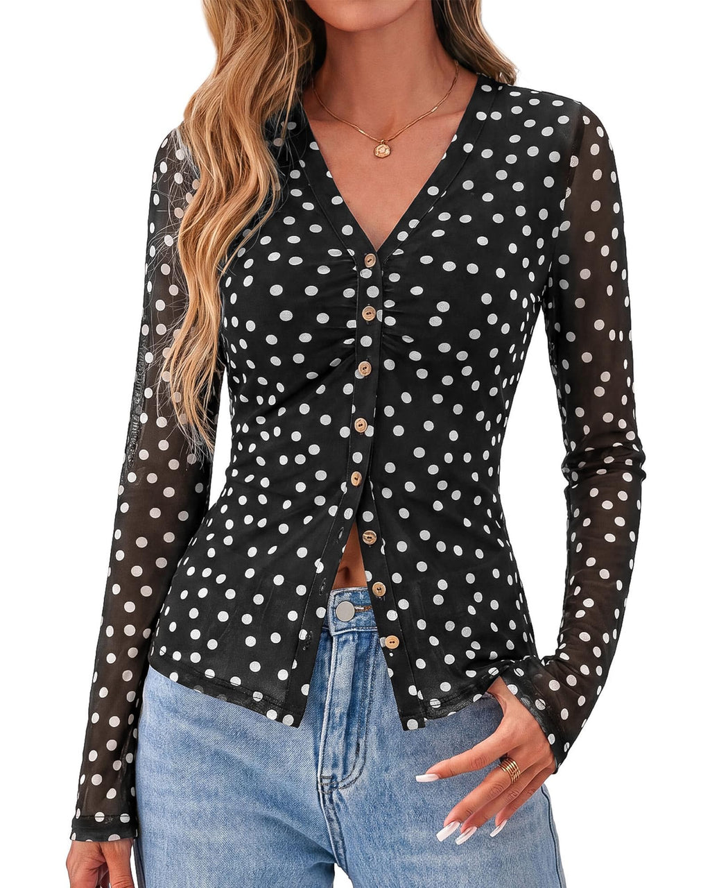 BTFBM Button Down Shirts for Women Spring Boho Tops V Neck Long Sleeve Blouses Ruched Mesh Fitted Fall Fashion