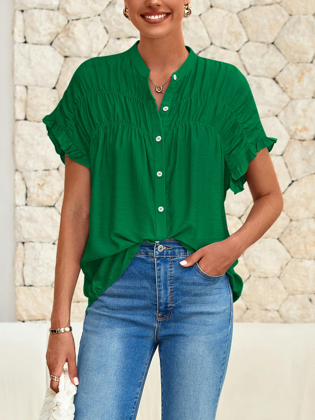 FreshPretty Womens Button Down Shirts Ruffle Short Sleeve Loose Summer Tops Dressy Casual V Neck Business Work Blouses