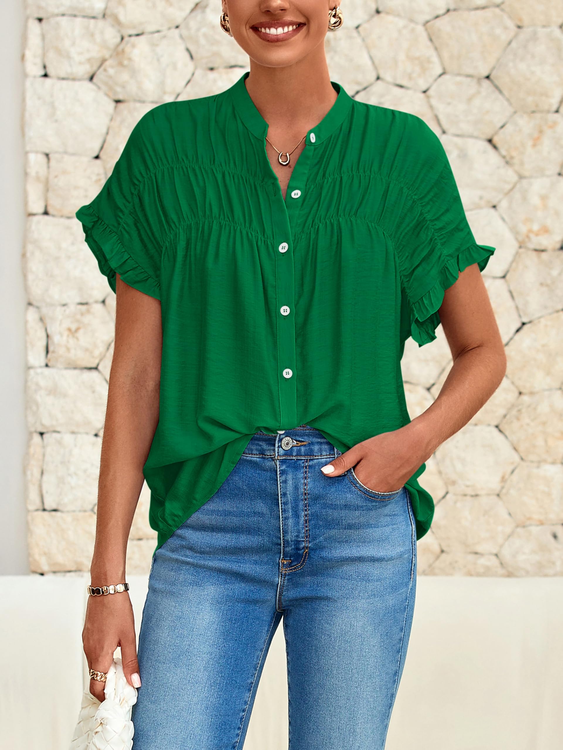 FreshPretty Womens Button Down Shirts Ruffle Short Sleeve Loose Summer Tops Dressy Casual V Neck Business Work Blouses