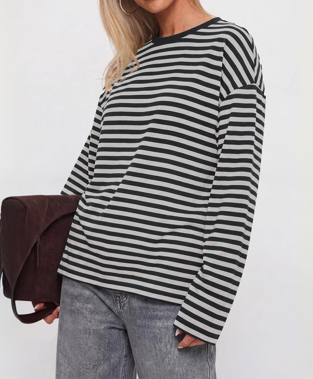 BTFBM Womens Long Sleeve Tops Fall Fashion | Lightweight, Crew Neck, Oversized Striped Shirt Women, Y2k Clothes, Vacation Travel Outfits, Going Out Top, Winter Layering
