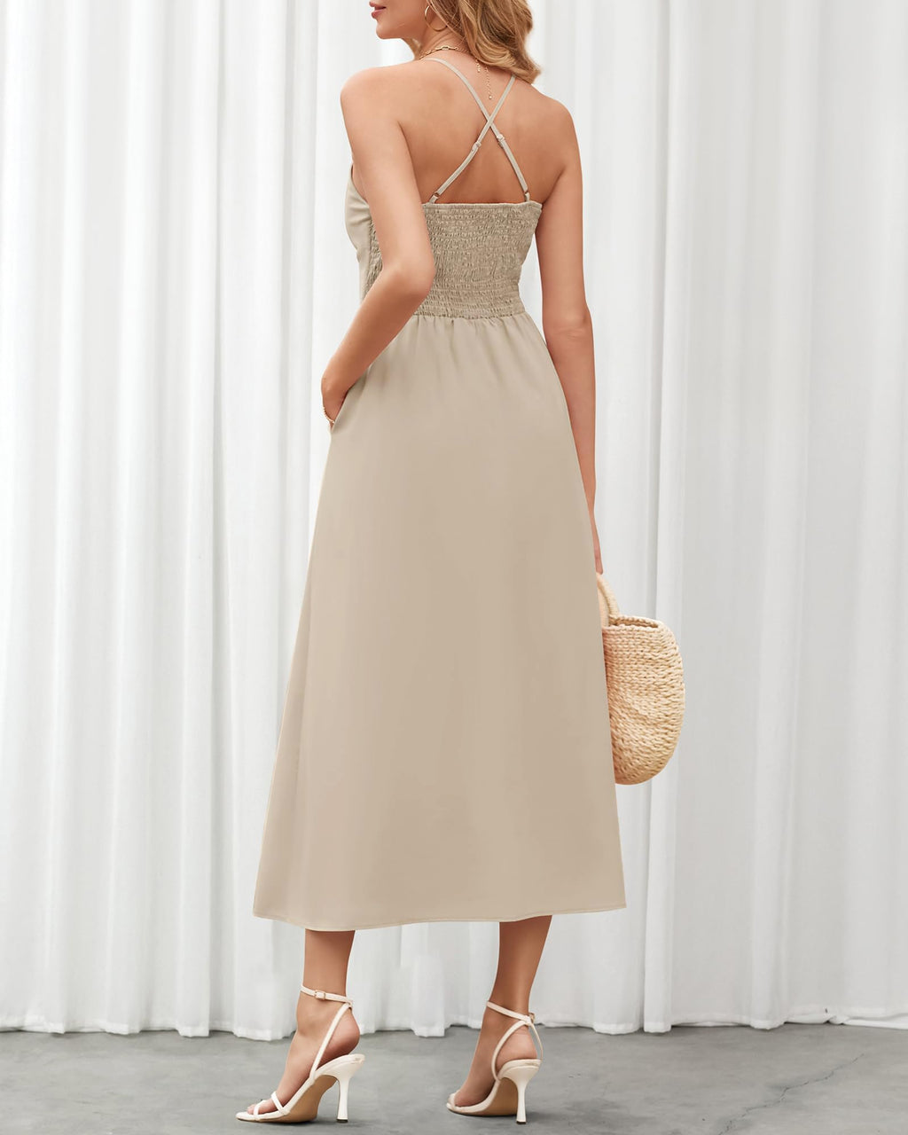 FreshPretty Women Summer Spaghetti Strap Midi Dress Sleeveless V Neck Cutout Slit Casual Beach Party Maxi Dresses Pockets