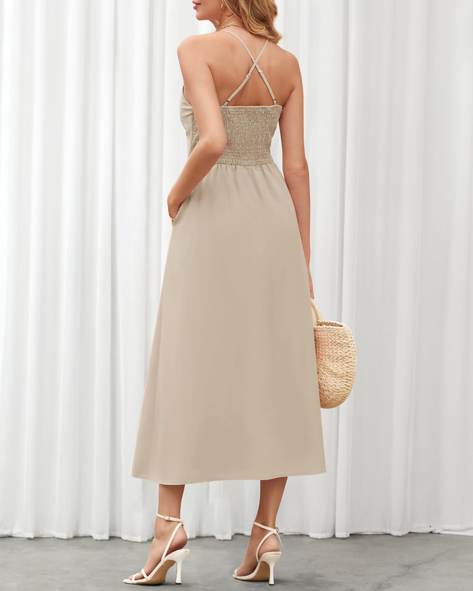 FreshPretty Women Summer Spaghetti Strap Midi Dress Sleeveless V Neck Cutout Slit Casual Beach Party Maxi Dresses Pockets