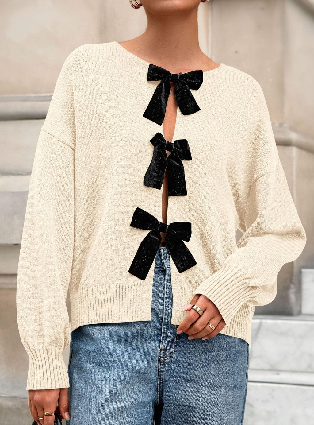 PRETTYGARDEN Cardigan Sweaters for Women Fall Fashion Bow Tie Front Long Sleeve Knit Sweater Tops Cute Winter Clothes