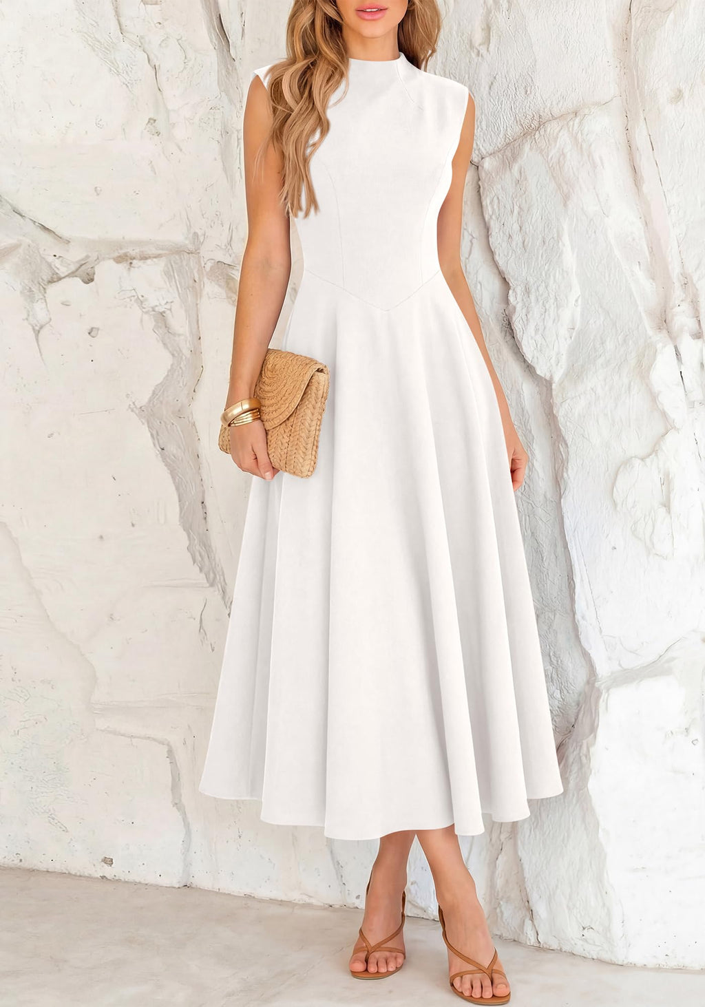 BTFBM Summer Dresses for Women Mock Neck Sleeveless High Waist Flowy Aline Maxi Spring Wedding Guest Dress Cocktail