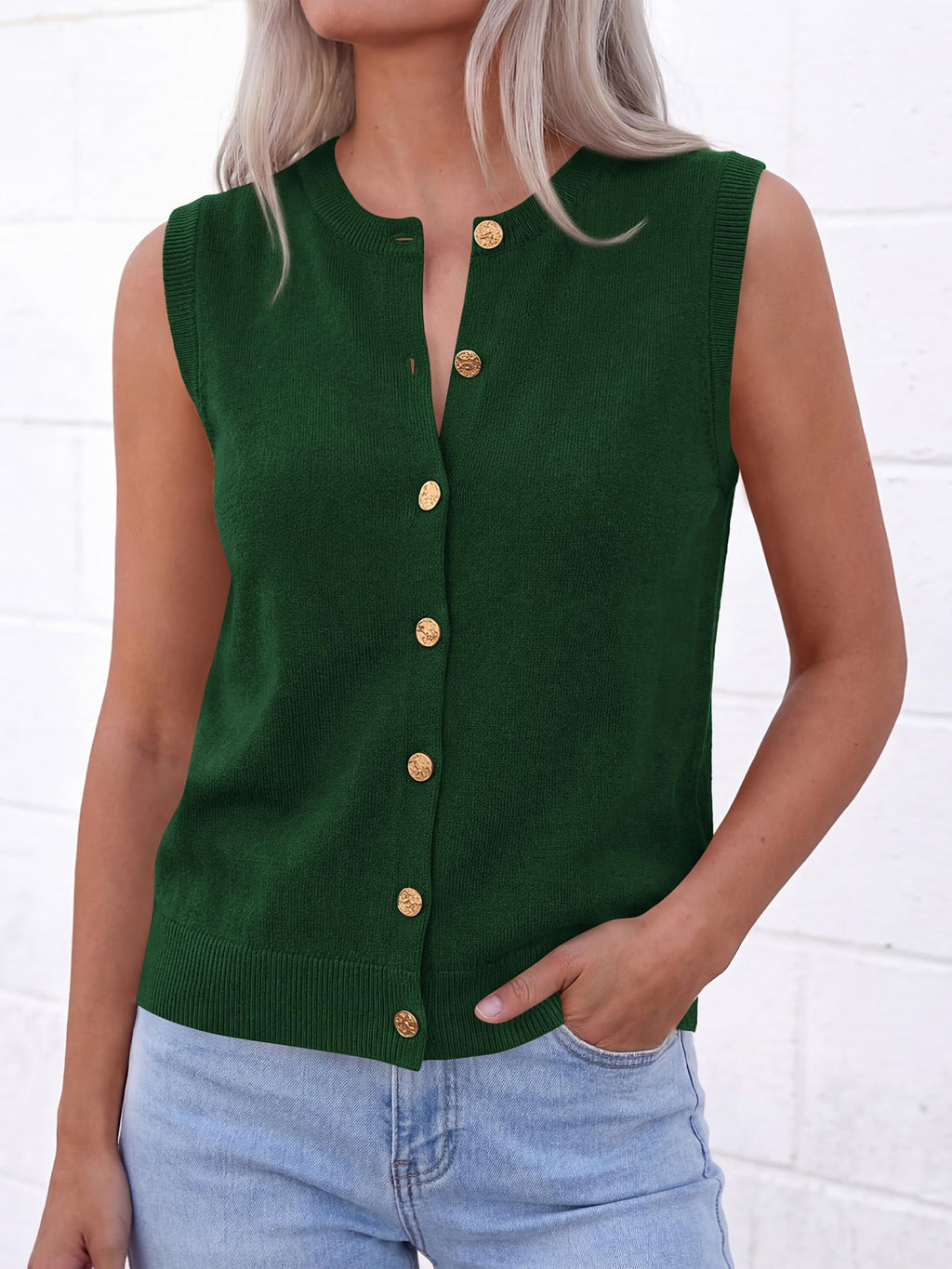 BTFBM Sweater Vest Women Casual Crewneck Loose Button Down Knit Sleeveless Cardigan Spring Clothes Summer Vest Tops