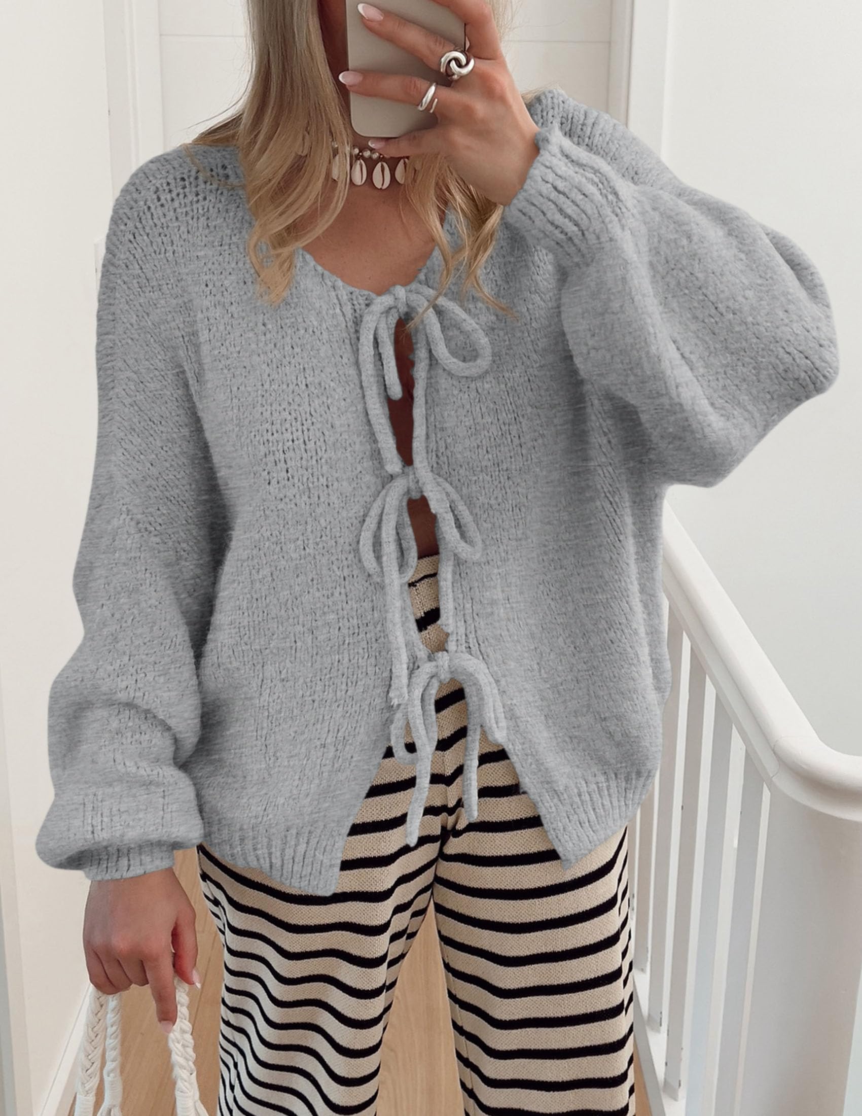 PRETTYGARDEN Women's Tie Front Bow Cardigan Sweaters Chunky Knit Long Puff Sleeve Trendy Fall Winter Jacket Coat