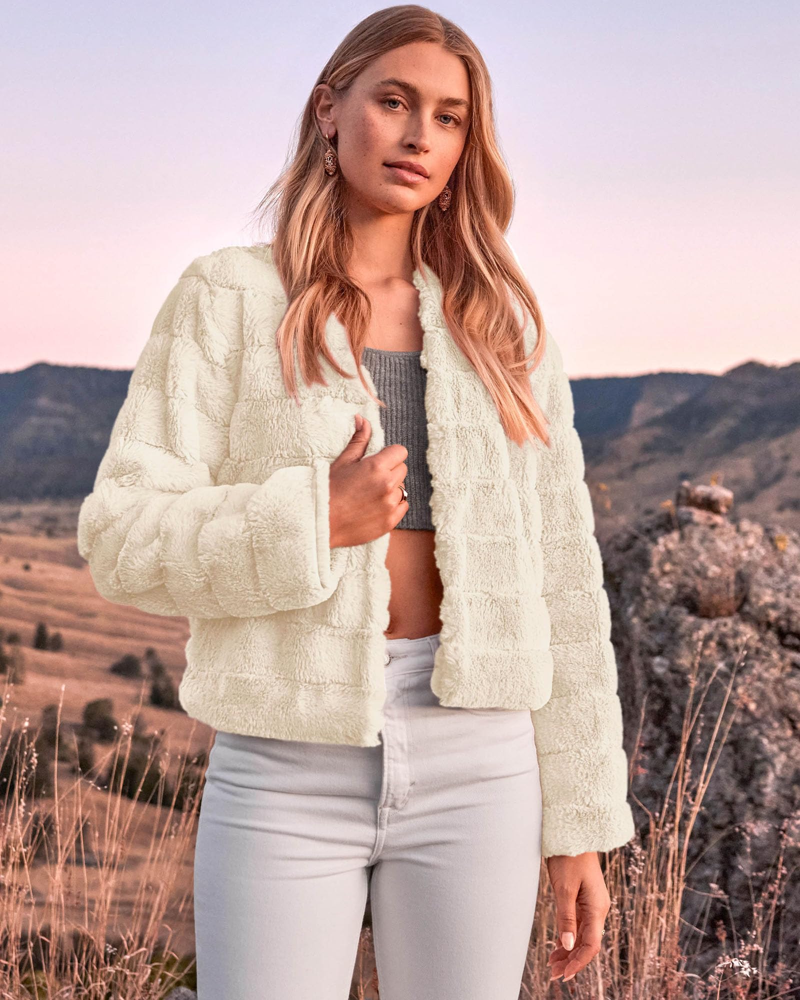 FreshPretty Winter Coats For Women Faux Fur Jacket Soft Long Sleeve Fluffy Open Front Outerwear Fall Outfits