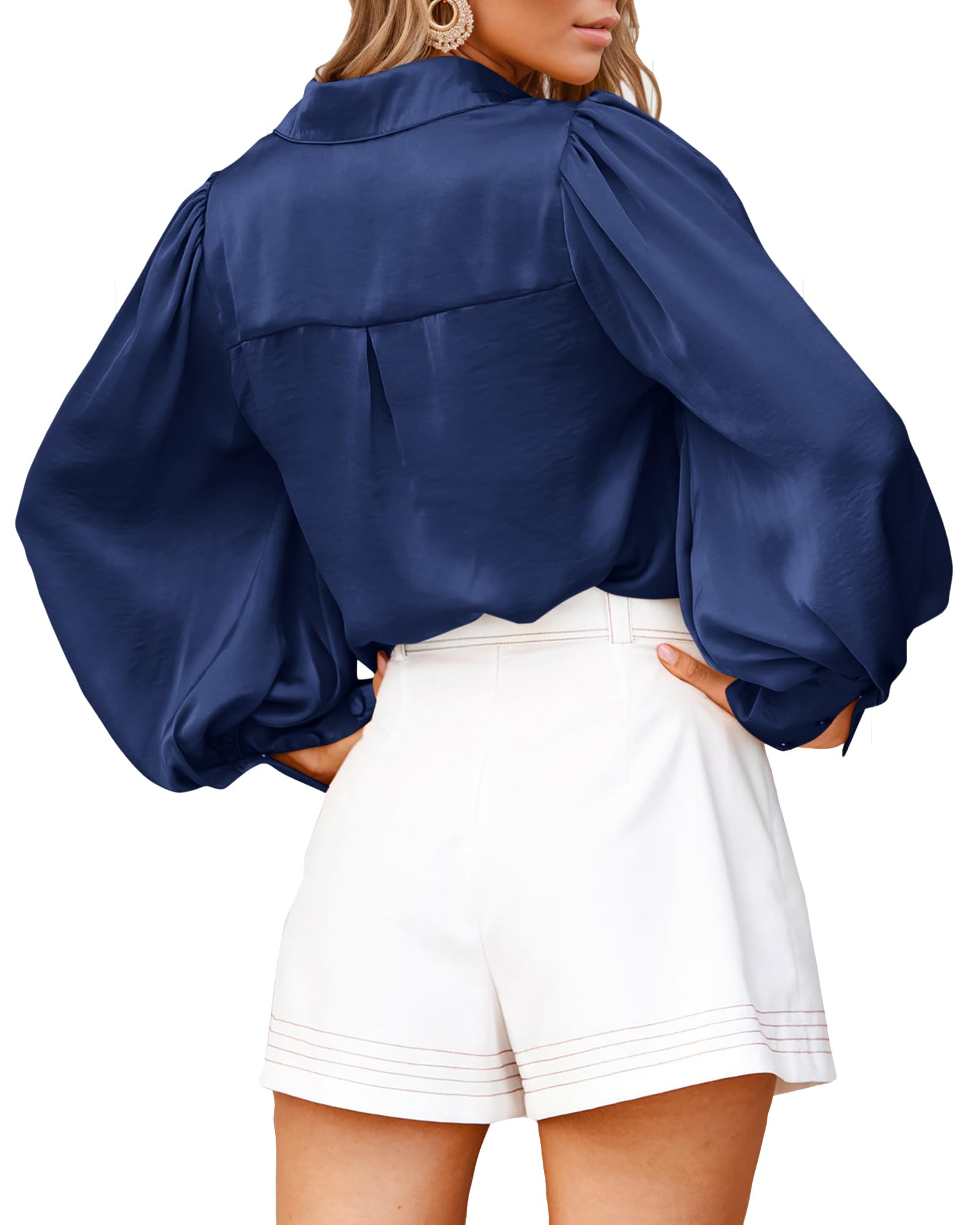 BTFBM Women Satin Blouses Summer Fall Clothes Button Down Lantern Long Sleeve Shirts Work Business Casual Dressy Tops