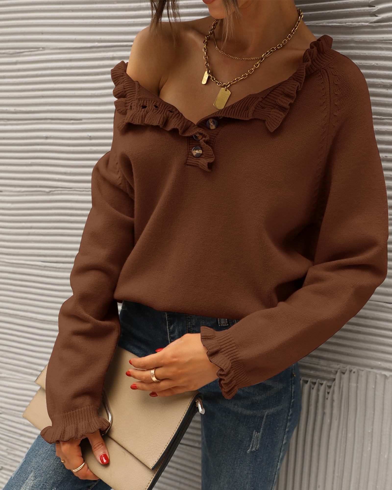 FreshPretty Womens Sweaters Fall Winter Clothes Long Sleeve Button Down Ruffle Crew Neck Casual Knitted Pullover Tops