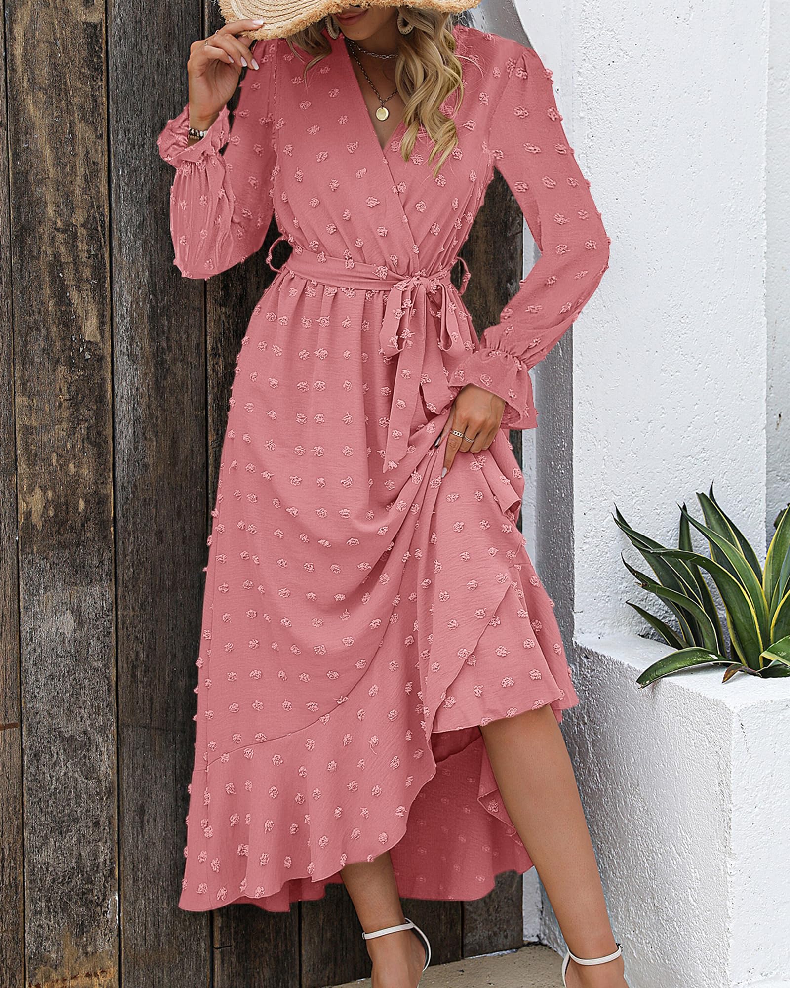 FreshPretty Long Sleeve Maxi Dresses for Women V Neck Swiss Dot Boho Flowy Slit Cocktail Wedding Guest Dress Fall Clothes