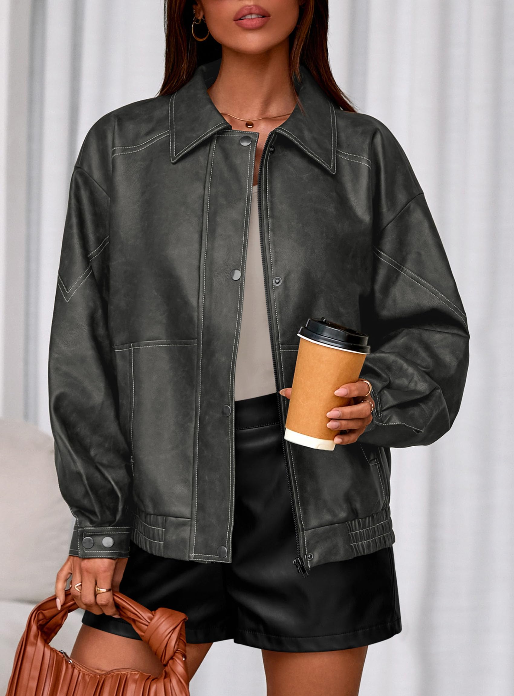 PRETTYGARDEN Faux Leather Jacket Women Bomber Motorcycle Zip Up Jackets Oversized Fall Fashion Outfits  Winter Coats